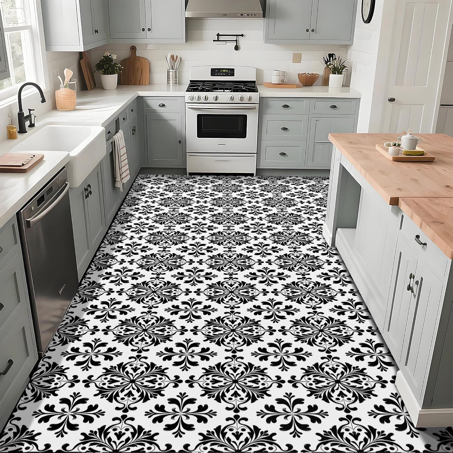 10 azulejos de vinilo retro de 12 x 12 pulgadas, diseño retro de damasco blanco y negro para despegar y pegar, calcomanías de suelo extraíbles e impermeables para baño, entrada, cocina, bar