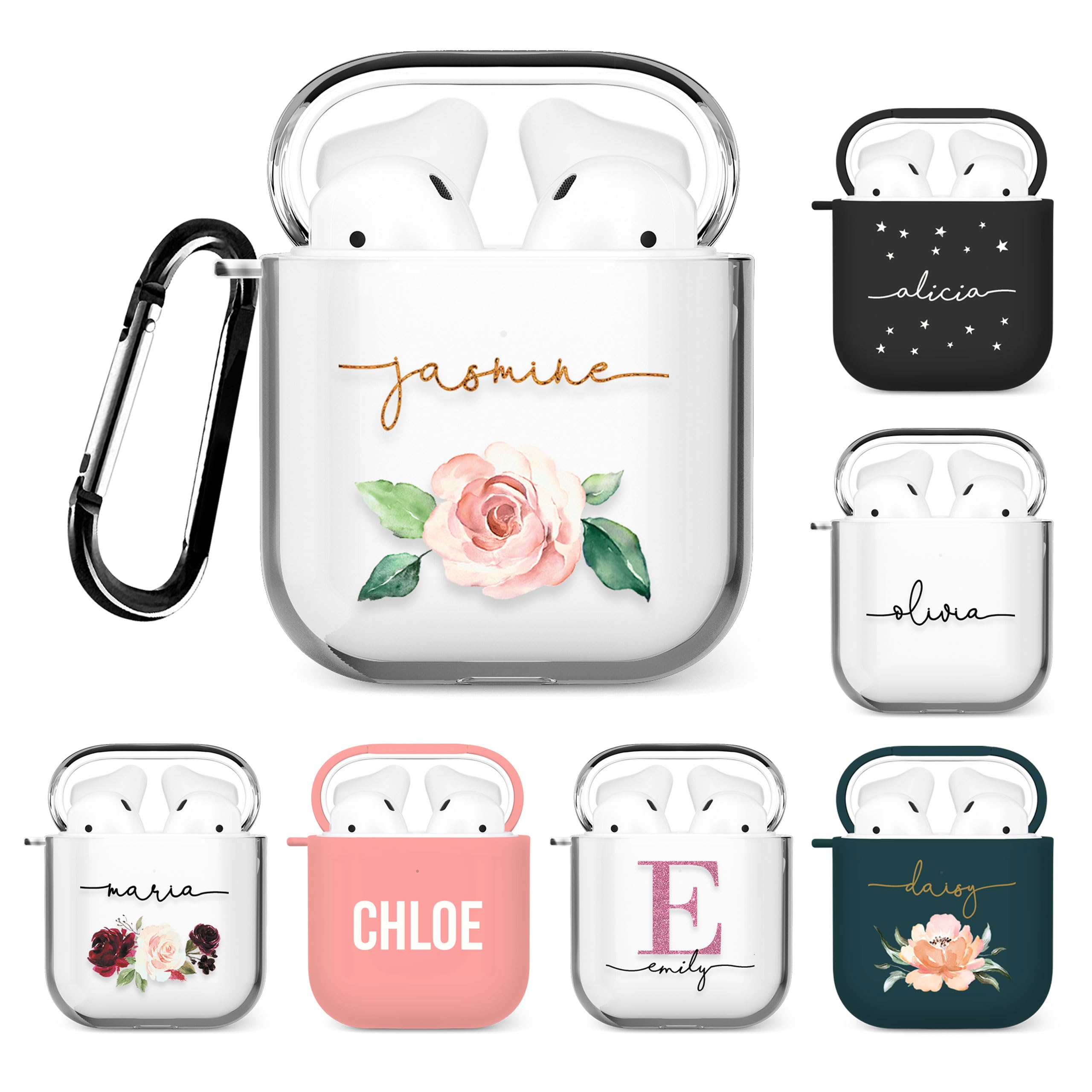 Tirita Personalised Custom Case Compatible with Apple AirPods 4th gen, Support Wireless Charging, with Carabiner, Front LED Visible [08- Rose Gold Monogram] — view 36