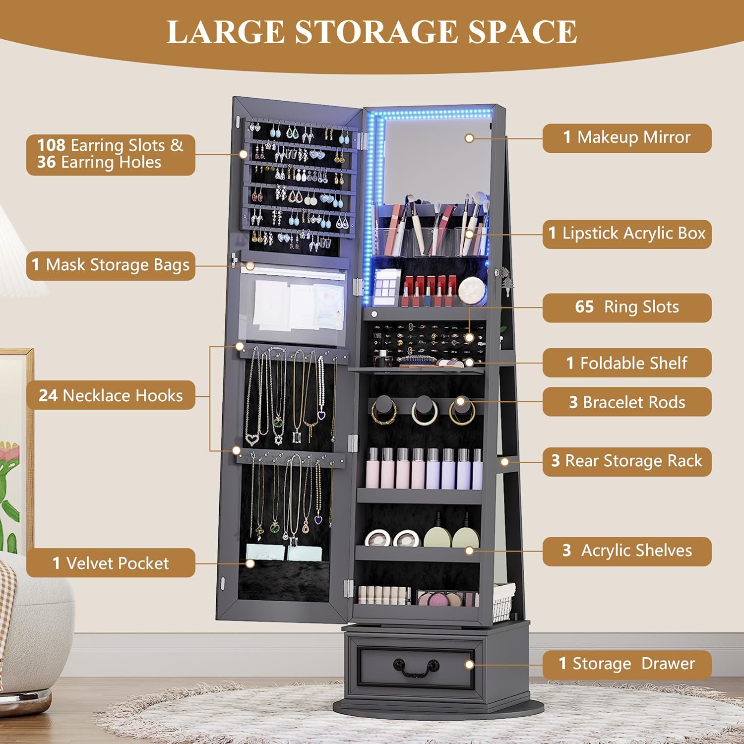 Vlsrka Mirror Jewelry Cabinet Standing, 360° Swivel Jewelry Armoire with Full Length Mirror, Lockable Mirror with Jewelry Storage, 3-Color LED Lights, Foldable Makeup Shelf, Grey