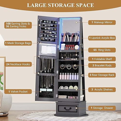 Miniatura 4 de Vlsrka Armario de joyería con espejo, armario giratorio de 360 con espejo de longitud completa, espejo con cerradura con almacenamiento de joyas,