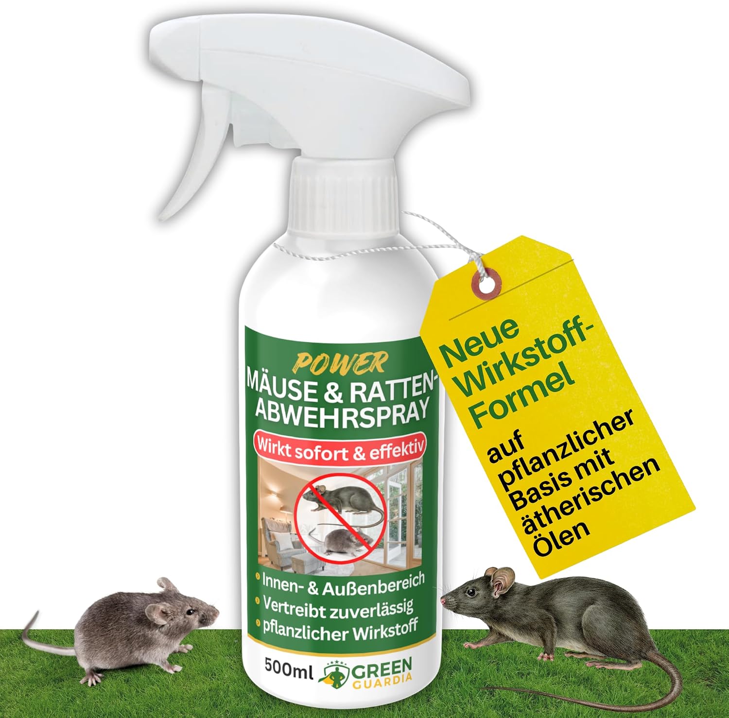 GREEN GUARDIA Mice / Rat Repellent Spray - Ready to Spray Power Concentrate with Vegetable Oils 500 ml for Indoor & Outdoor Use Immediate Effective & Sustainable