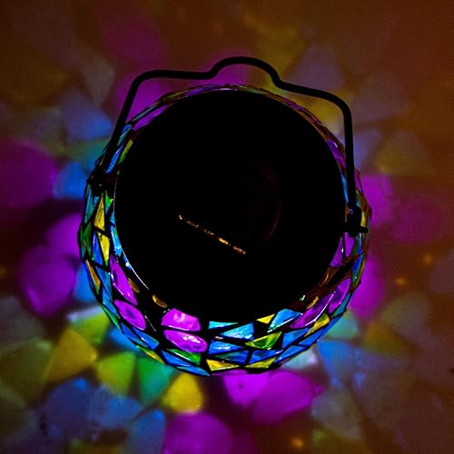 Miniatura 7 de Afirst - Faroles solares de mosaico  Luces colgantes de cristal con diseño de mariposa ahuecadas, impermeables, decorativas al aire libre para