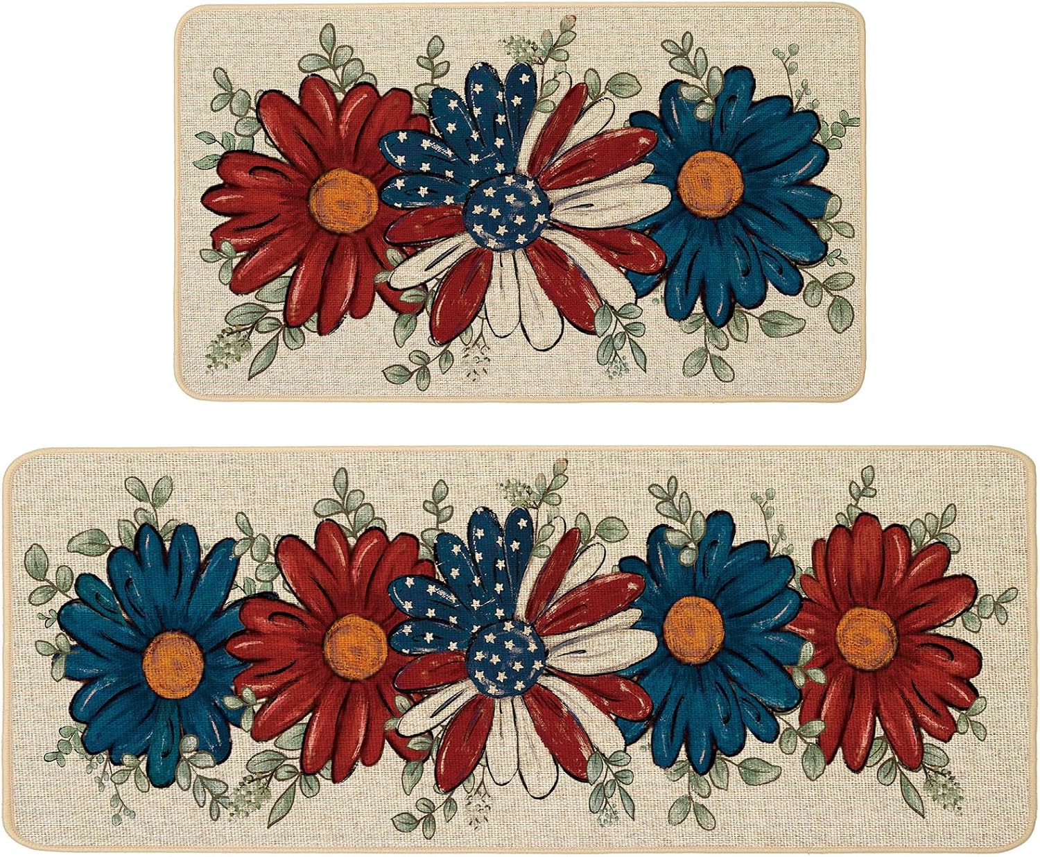Baccessor Patriotic Daisy Flowers Kitchen Rugs Set of 2,Memorial Day 4th of July America Kitchen Mats Non Slip Washable Low-Profile for Floor Holiday Home Decor 17x29 and 17x47 Inch