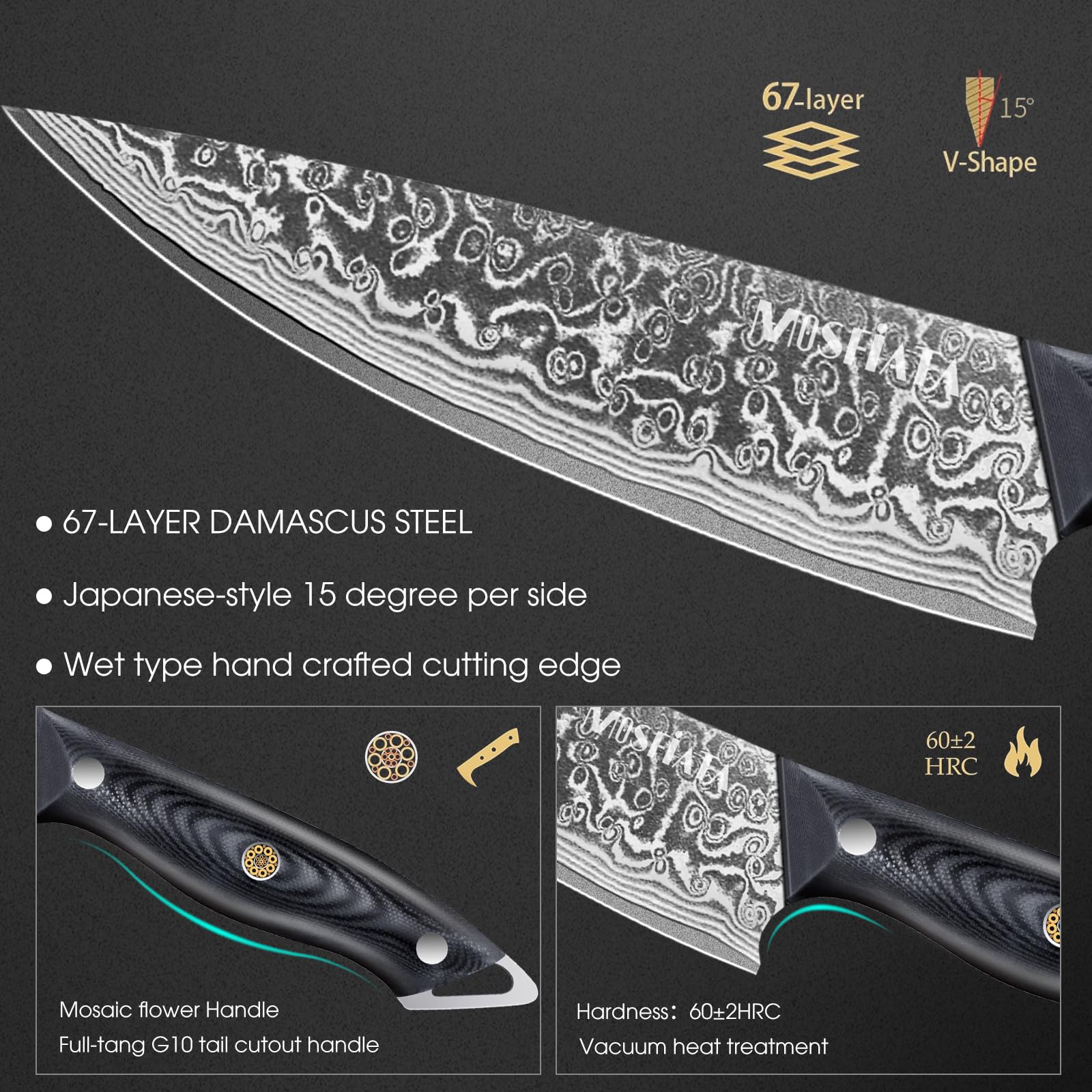 MOSFiATA Couteau de Chef Professionnel Damas 20 cm, Tranchant et Durable