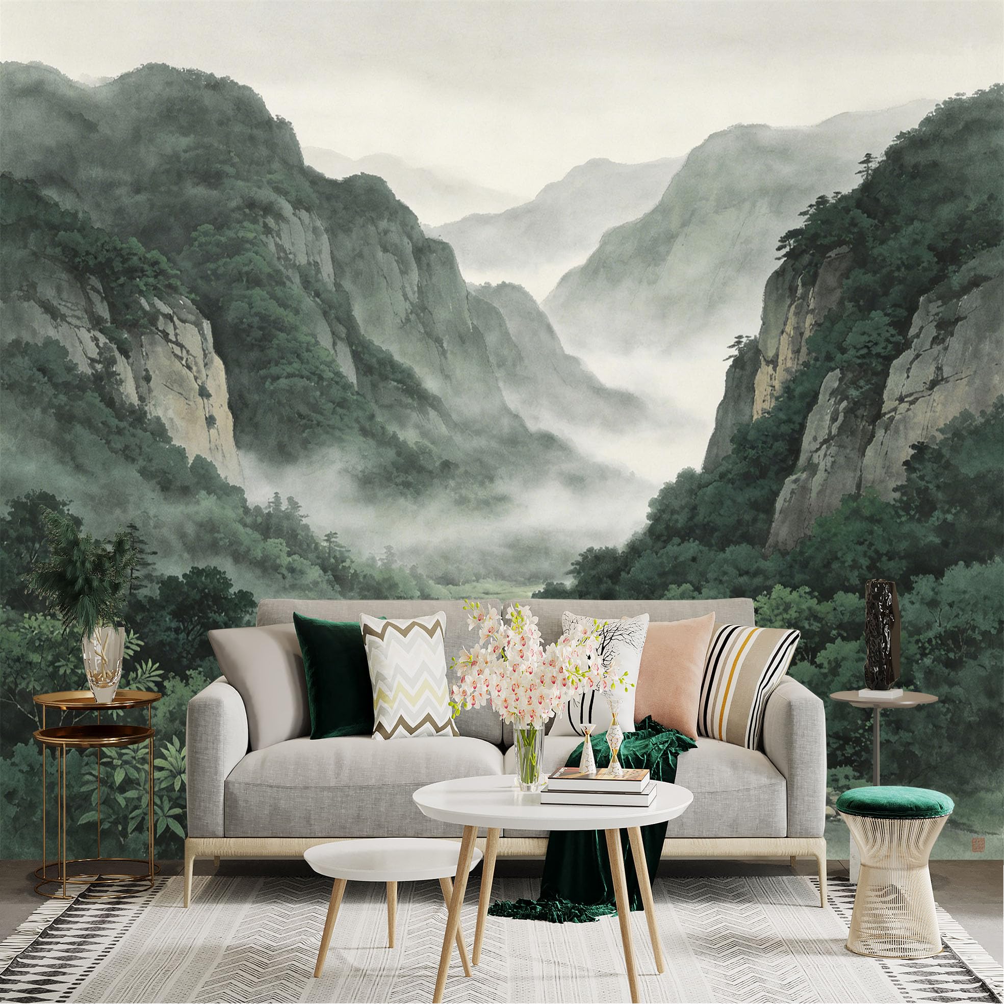 Lnzczhyre Dbh260521868 Custom Size Wall Sticker Mural， Misty Mountain Landscape， Serene River Valley， Ink Wash Style Scenery， Nature Art Decor， For Wall Decoration， Peelandstick Wall Decals.