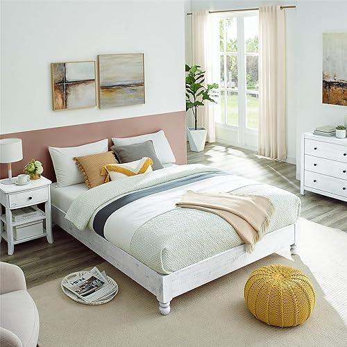 Miniatura 3 de MUSEHOMEINC Base de cama de plataforma de madera maciza, estilo rústico, base de colchón (no necesita somier), acabado blanco lavado, tamaño Queen