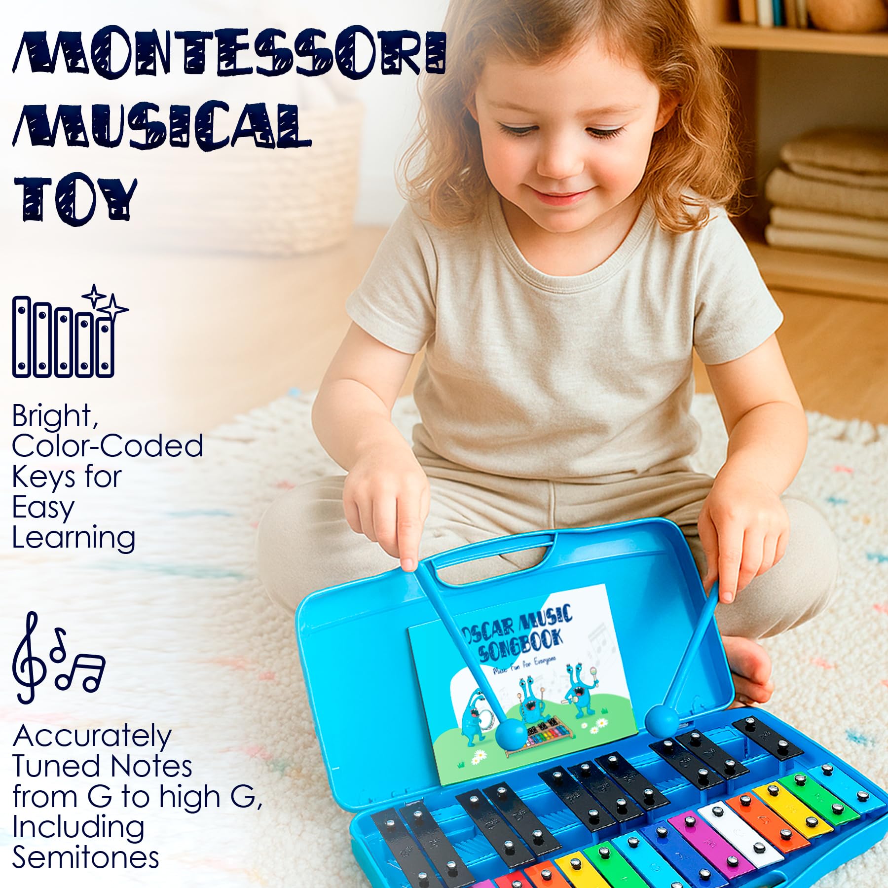 MINIARTIS Glockenspiel Xylophone | 25 Note Colorful Metal Keys Xylophone for Kids | Percussion Musical Instrument | Educational Music Toy Includes Music Songbook, Mallets and Blue Carry Case