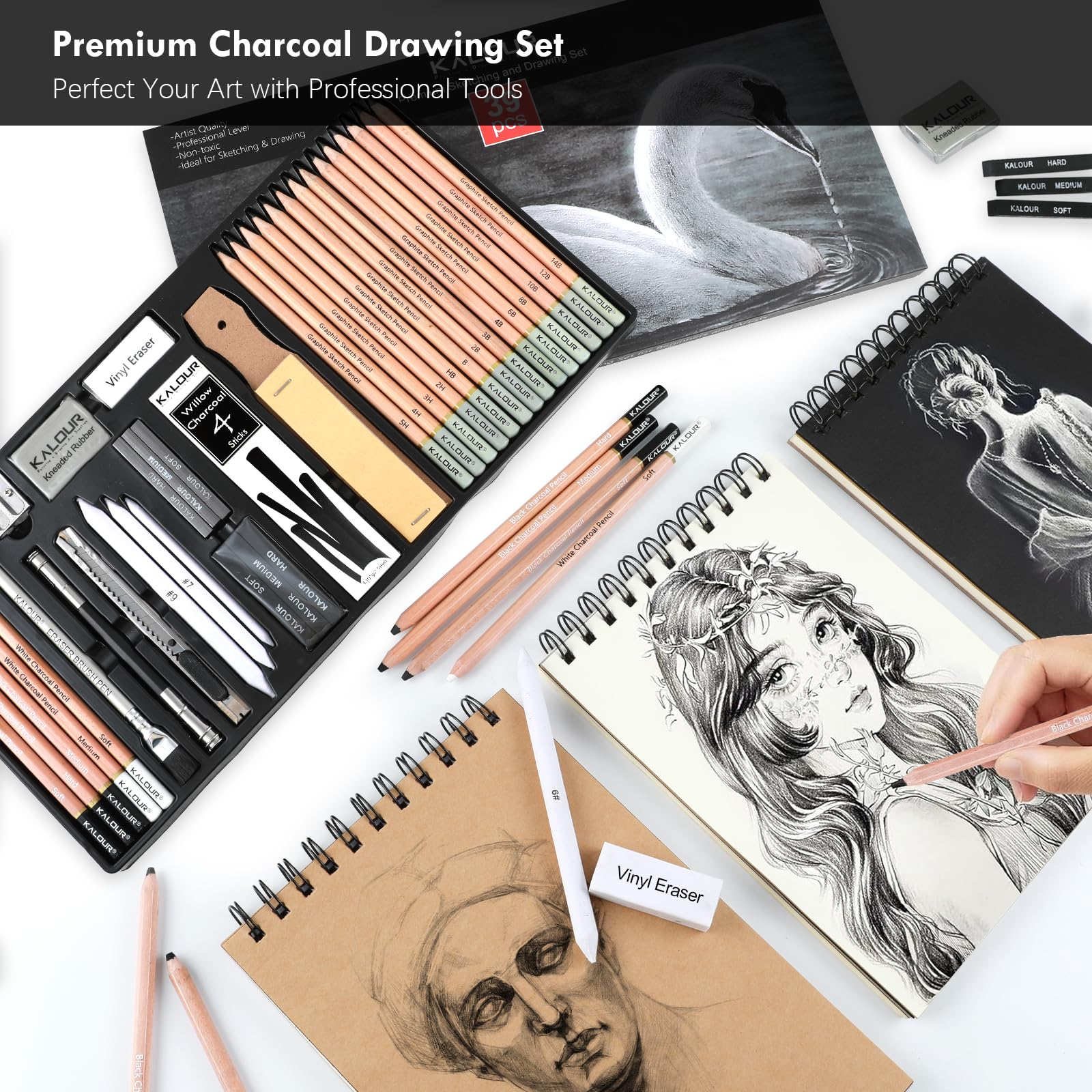 KALOUR PDAS Set di 39 matite da disegno, matite professionali da schizzo (5H-14B), matite a carboncino bianche e nere per schizzi, penne a pennello con gomma, bastoncini di carboncino, set di matite