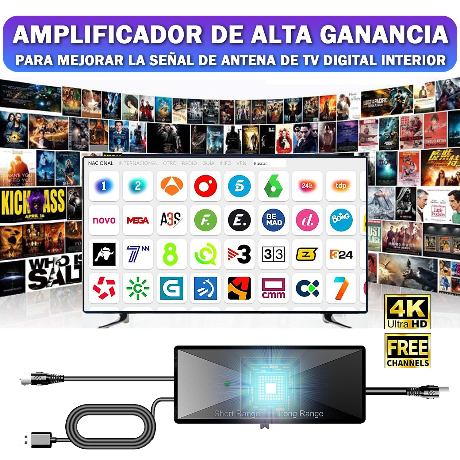 Amplificador de Señal Antena TV Interior 2026, Alta Ganancia Bajo Ruido, Mejora Recepción Digital HD 4K, Elimina Pixelado, Alimentación USB, Compatible con Smart TV y Todas Las Antenas Digitales