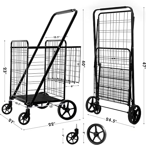Miniatura 3 de Folding Shopping Cart, Grocery Cart, 450 Lb Capacity, Utility Cart with 360° Rolling Swivel Wheels, Extra Large & Extra Basket 2-Carrito