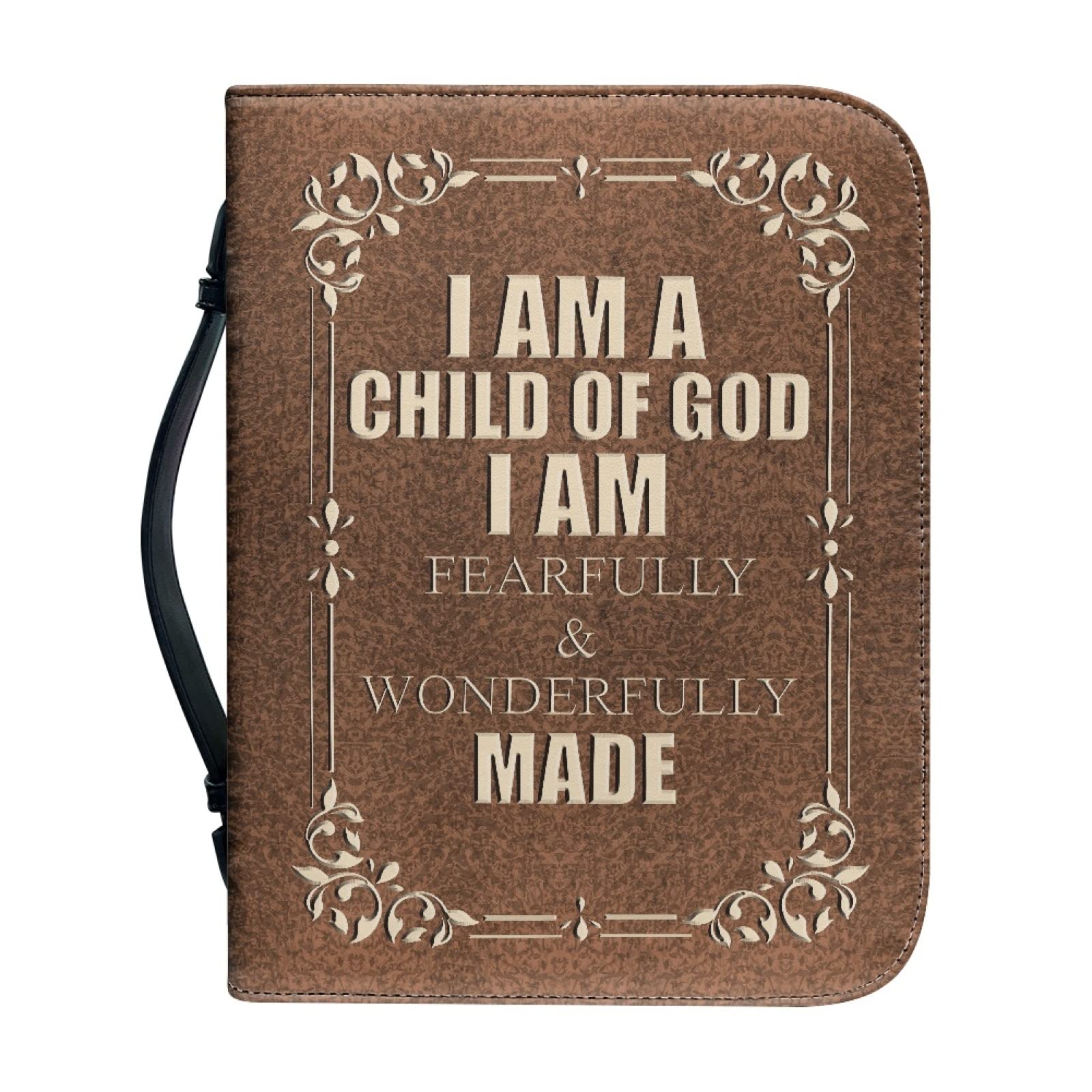 Kuiaobaty Lord Quote Book Cover Case Faux Leather Book Bag with Handle, Brown Church Protective Bag with Pen Pockets, Christian Gift — image 1