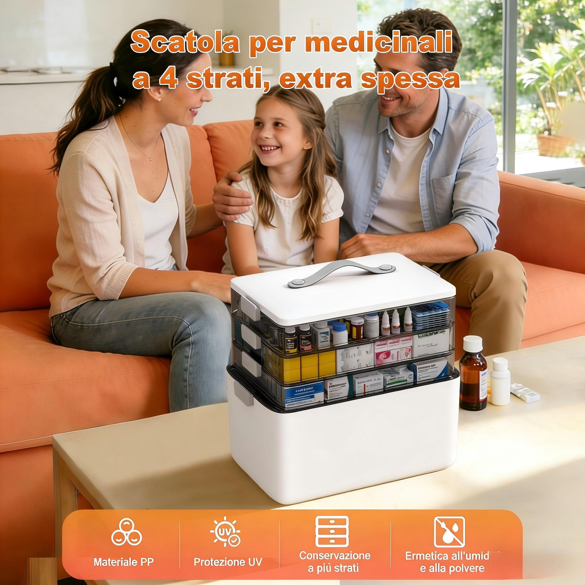 MOPUP Contenitore per medicinali a quattro strati, 37 x 23 x 32 cm, con maniglia per il trasporto, organizzatore multifunzione per farmaci, grande capacità.