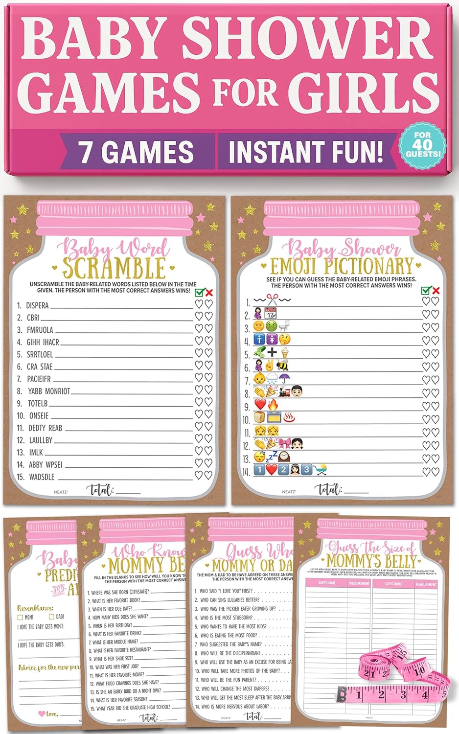 Neatz Baby Shower Games for Girl - 7 Games Instant Fun - Baby Prediction Cards, Guess Who Mommy or Daddy, Word Scramble, Advice Cards, Pictionary, How Big is Mommys Belly, Mason Jar Design