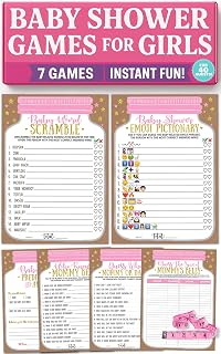 Neatz Baby Shower Games for Girl - 7 Games Instant Fun - Baby Prediction Cards, Guess Who Mommy or Daddy, Word Scramble, Advice Cards, Pictionary, How Big is Mommys Belly, Mason Jar Design