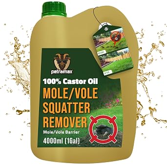 PetraMax Castor Oil Mole Repellent for Lawns - Best Anti Mole and Vole Repellent of Outdoor Space - How to Get Rid of Moles in My Yard, Garden Or Lawn, Safe and Effective Vole Deterrent 135 fl oz