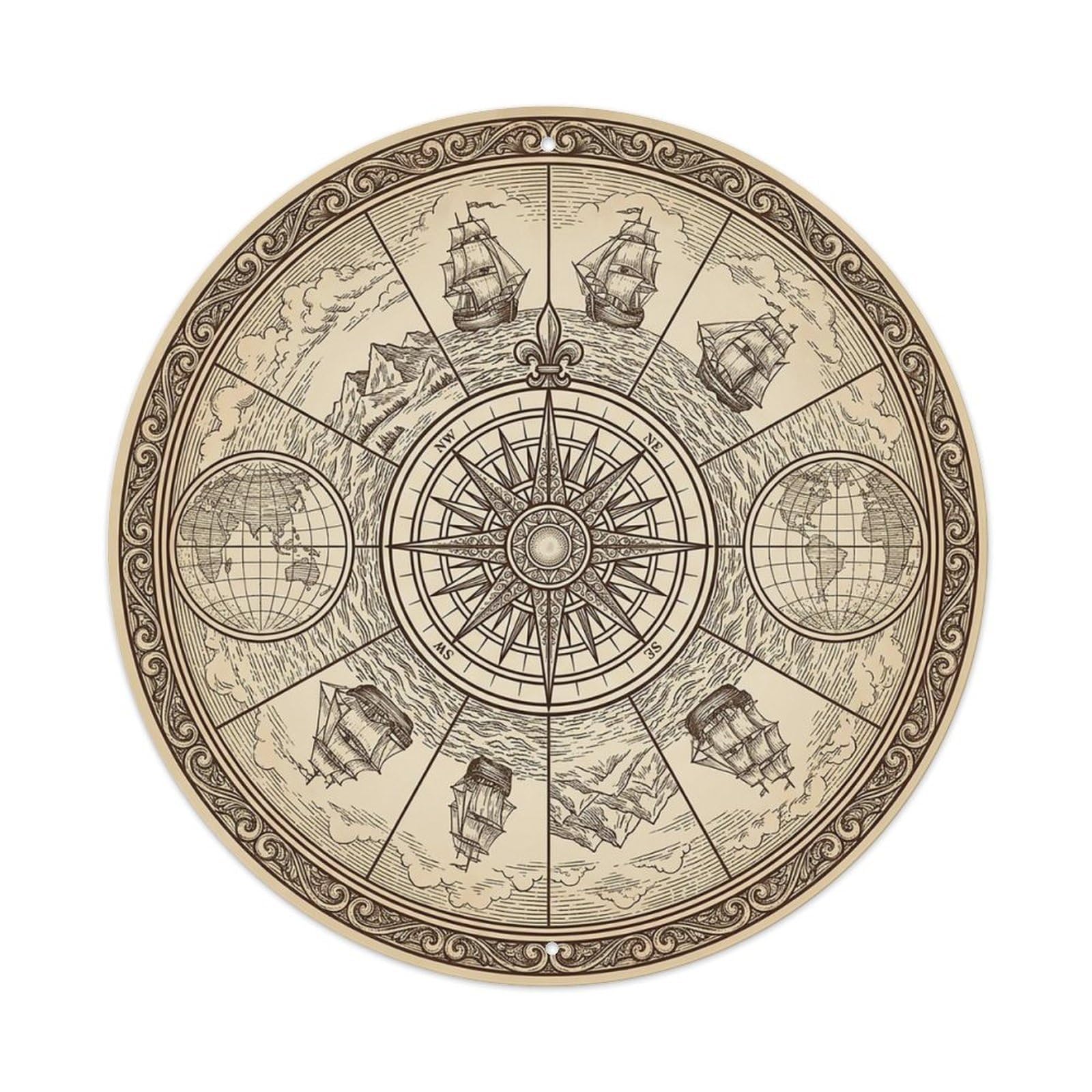 Vintage Nautical Compass World Map Navigating Chronicle Metal Tin Sign