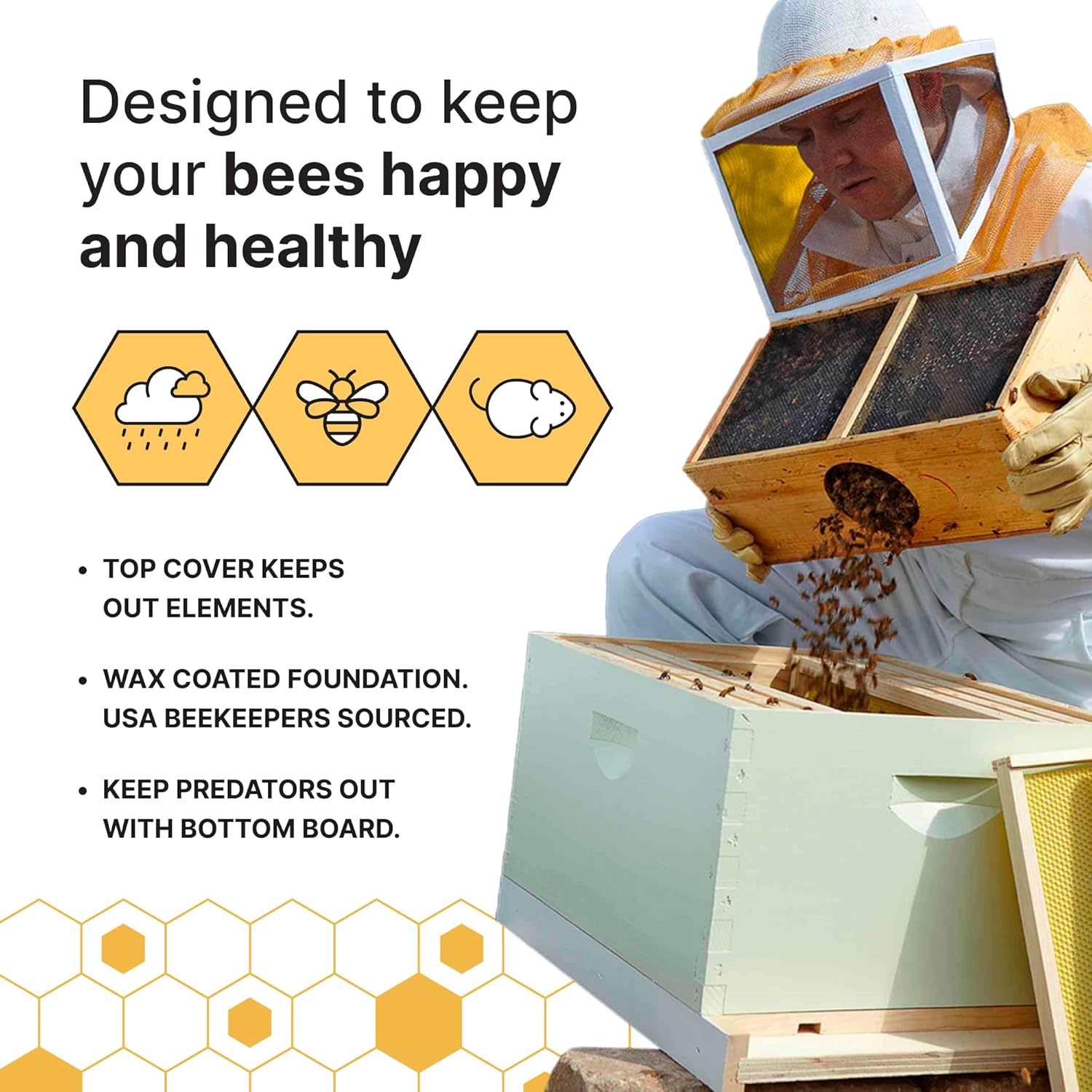 Mann Lake Traditional Complete 10-Frame Bee Hive Kit, Fully Assembled 9⅝” Deep Hive Body with 10 Frames, Beeswax-Coated Foundation, Telescoping Cover, Bottom Board & Reducer, Made in USA, Painted - Image 5