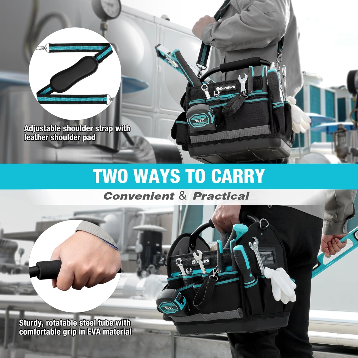 DURATECH 12 Inch Tool Tote with Waterproof Hard Bottom, Electrician Tool Bag with Rotating Handle, Open Top Tool Bag Wide Mouth Multi-Pockets, Tool Carrier for Mechanic Plumber Electrician HVAC