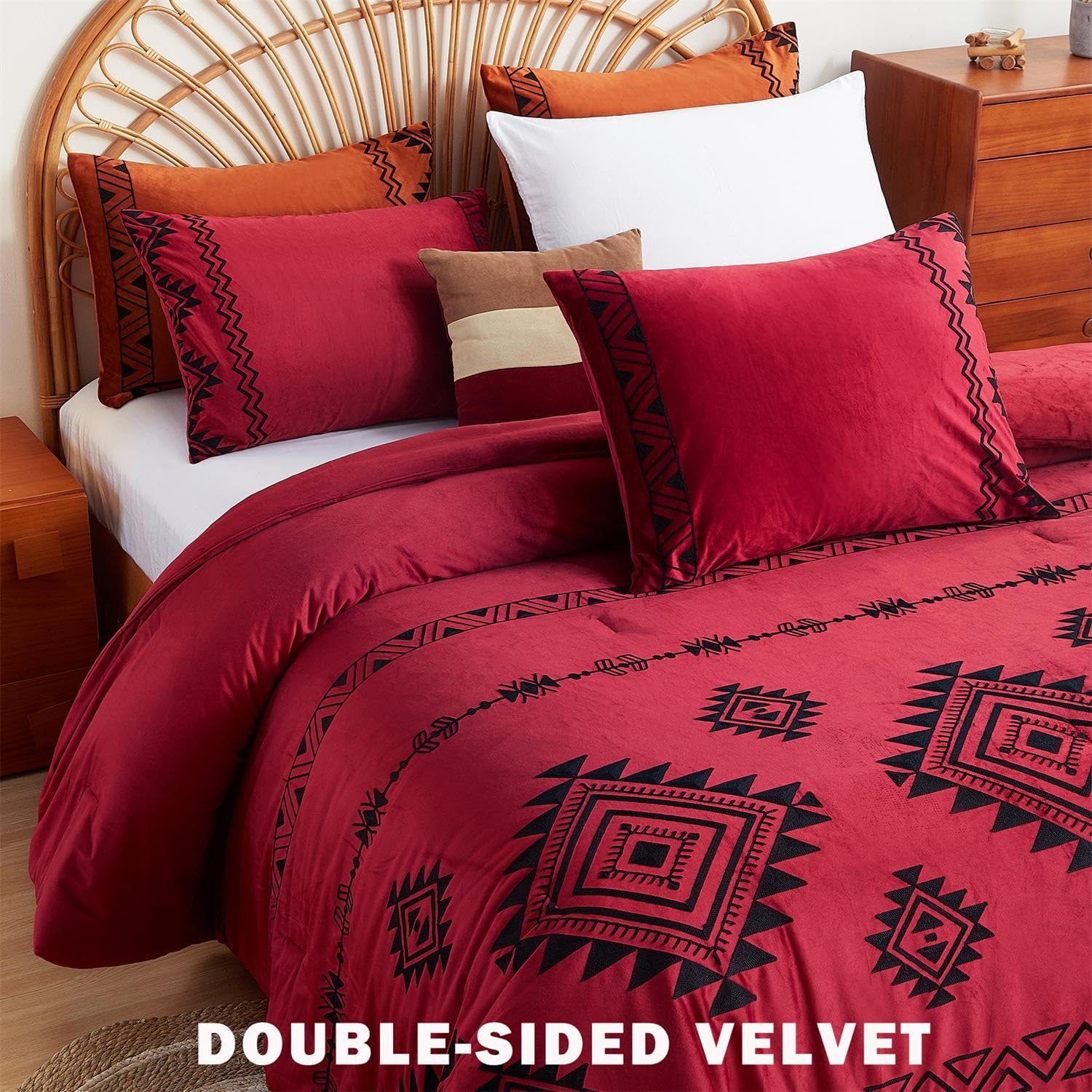 Cmfshape Luxurious Velvet Comforter Set Double-Sided,Bohemian Embroidered Wine Red Bedding,Ultra Soft Lightweight 3-Piece Set,Queen 90"x90"