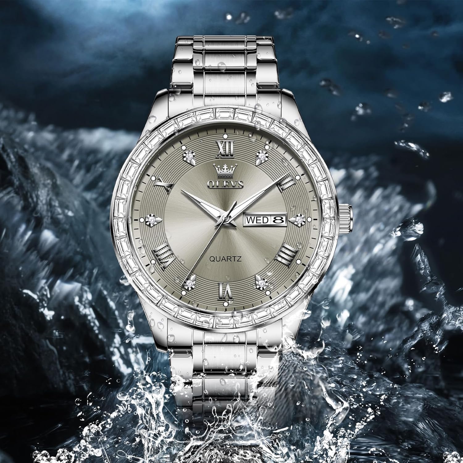 OLEVS Watches for Men with Date Stainless Steel Men Quartz Watches Roman Dial Diamond Classic Business Male Wristwatch Waterproof Luminous Calendar Reloj para Hombr(Gold/Black/Grey/White Dial) - Image 8