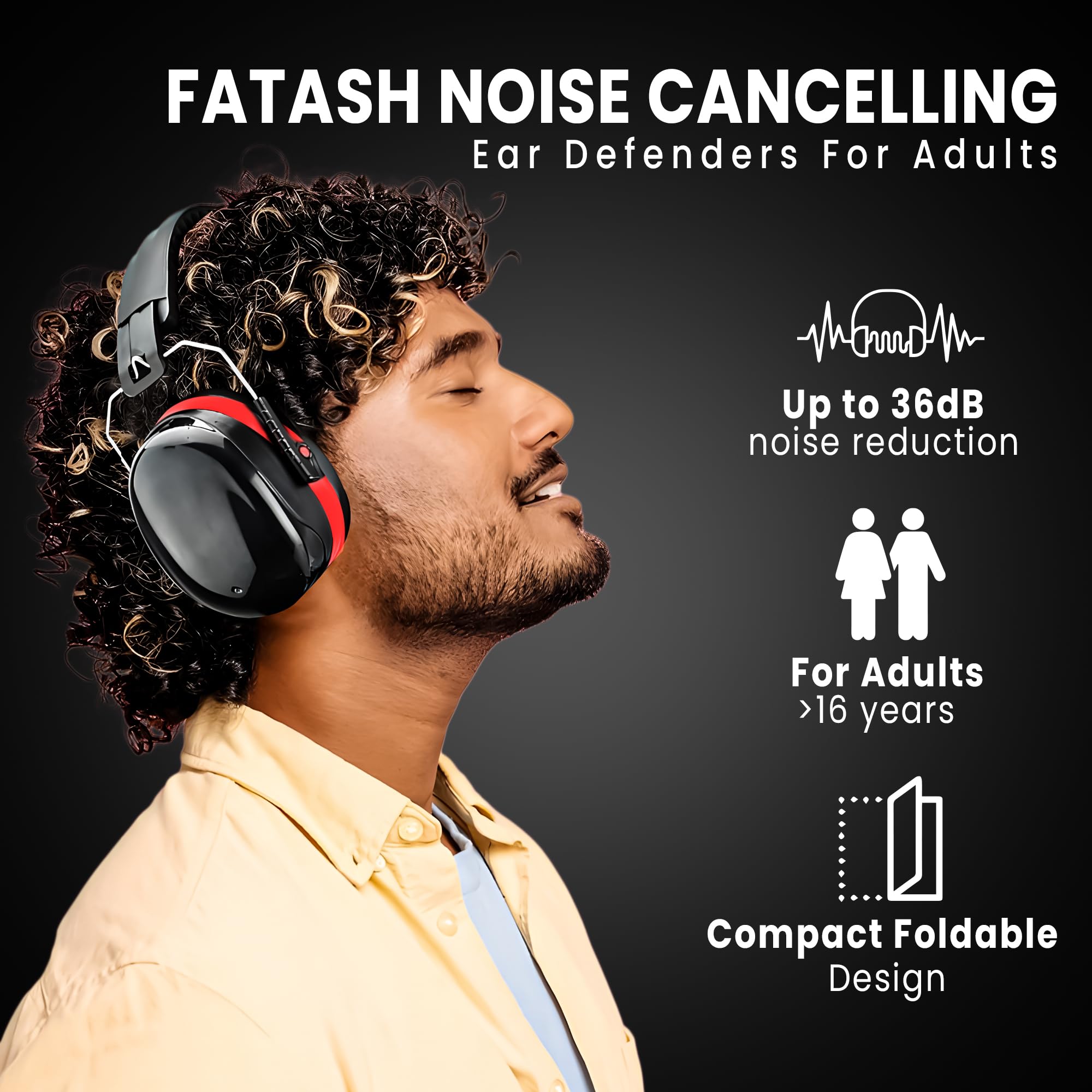 FATASH Noise Cancelling Ear Defenders For Adults, Red - Image 2