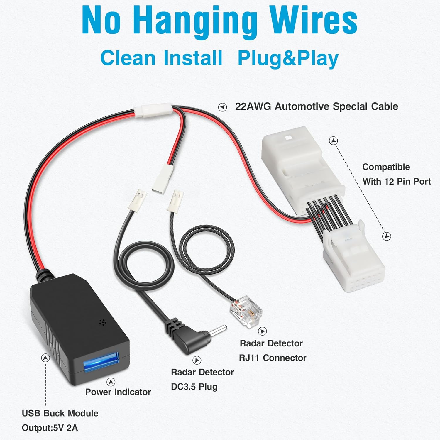 Radar Detector Power Cord Adapter,(12Pin Type-A) Compatible with Toyota, Honda, Subaru and More, Connect to Rearview Mirror,RJ11 DC3.5 Radar Charger Cable, Built-in Hidden USB,Plug&Play