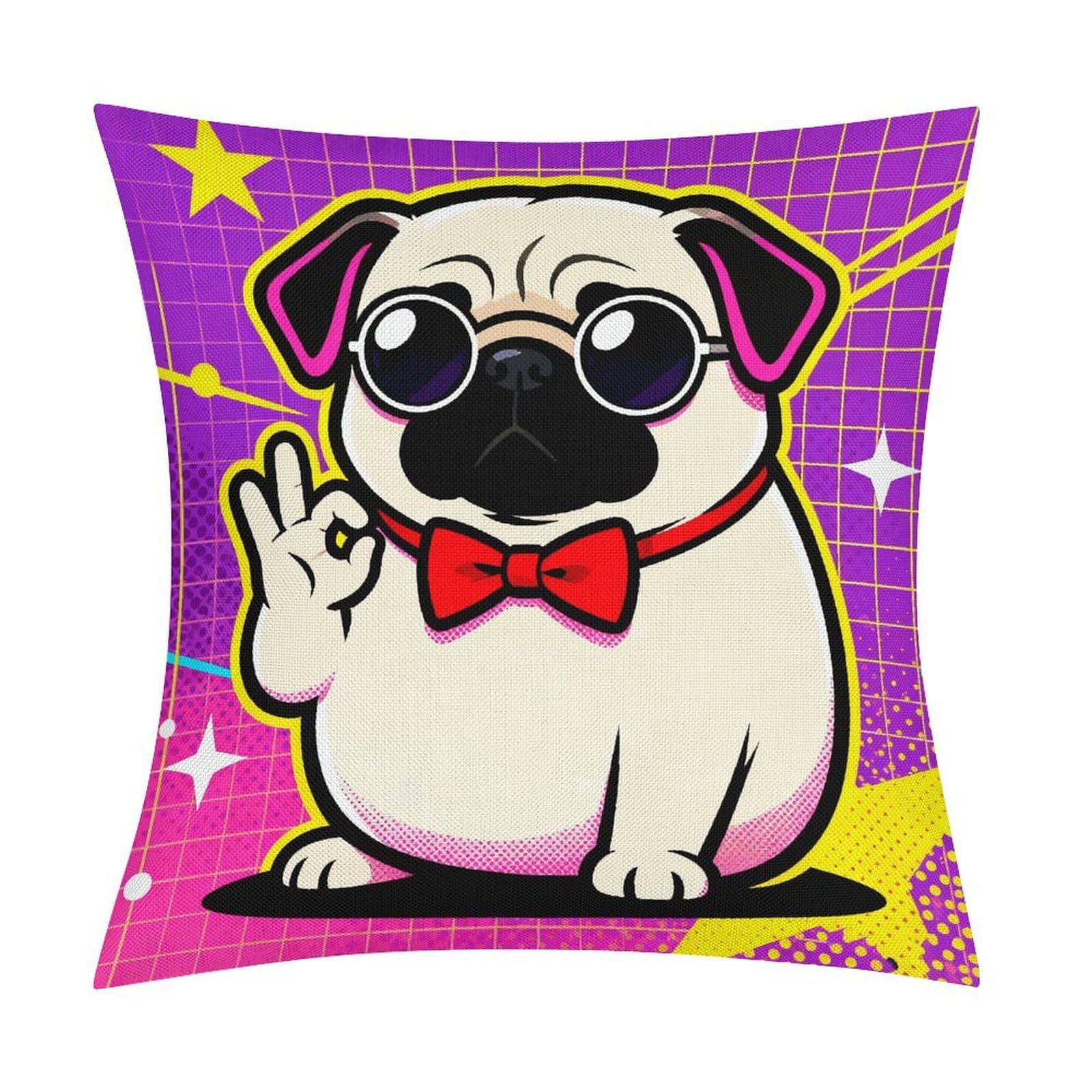 LZQPOEAS Cute Pug Dog Print Throw Pillow Covers, Waterproof Faux Linen Pillow Cases with Invisible Zipper, Decorative Square Cushion Covers for Sofa Couch Living Room Bedroom 18x18 Inch