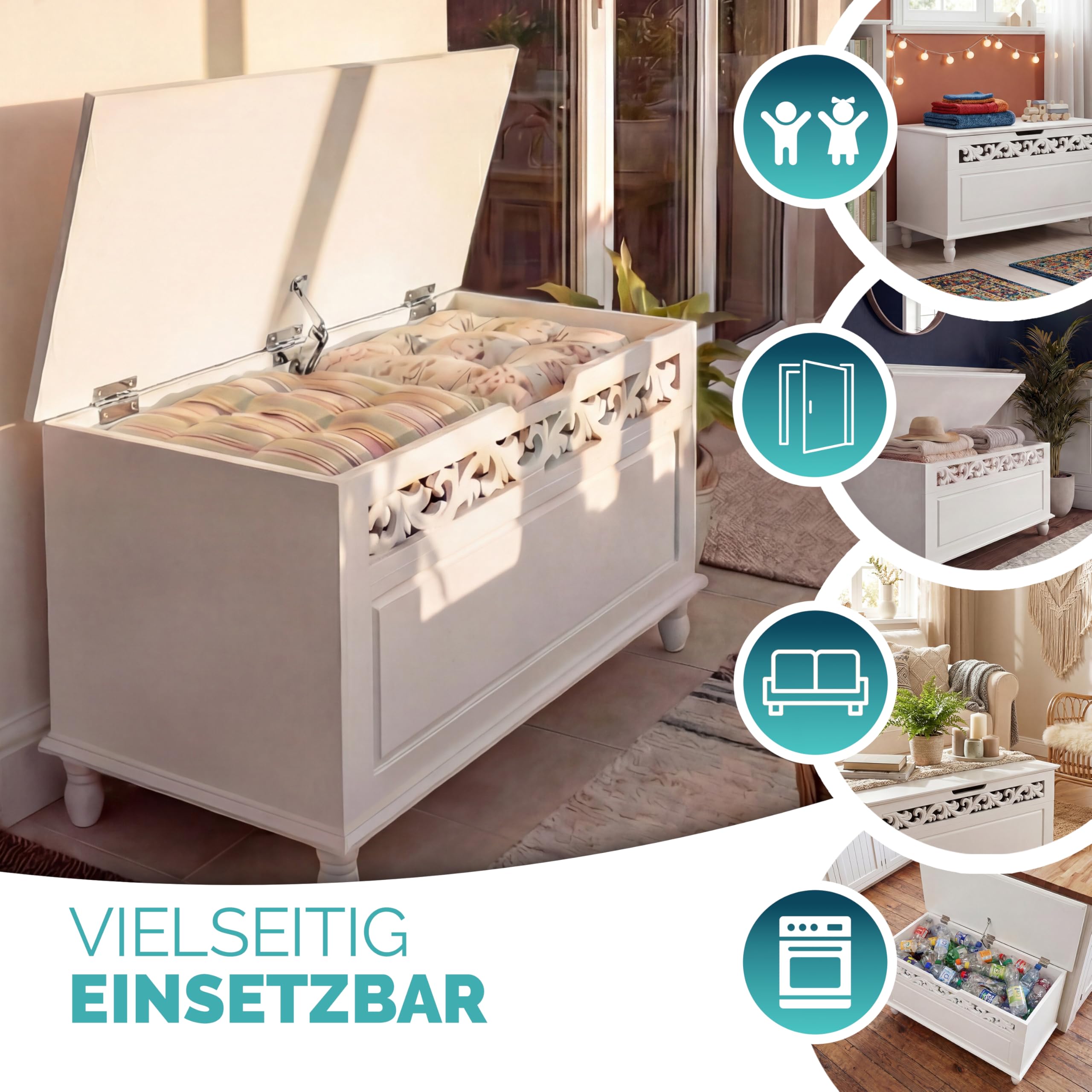 Casaria® Holztruhe Jersey mit Deckel groß klappbar XXL Stauraum Sitzbank Truhe Holzkiste Schatztruhe Box Schuhbank Truhenbank Wäschetruhe weiß 80x40cm