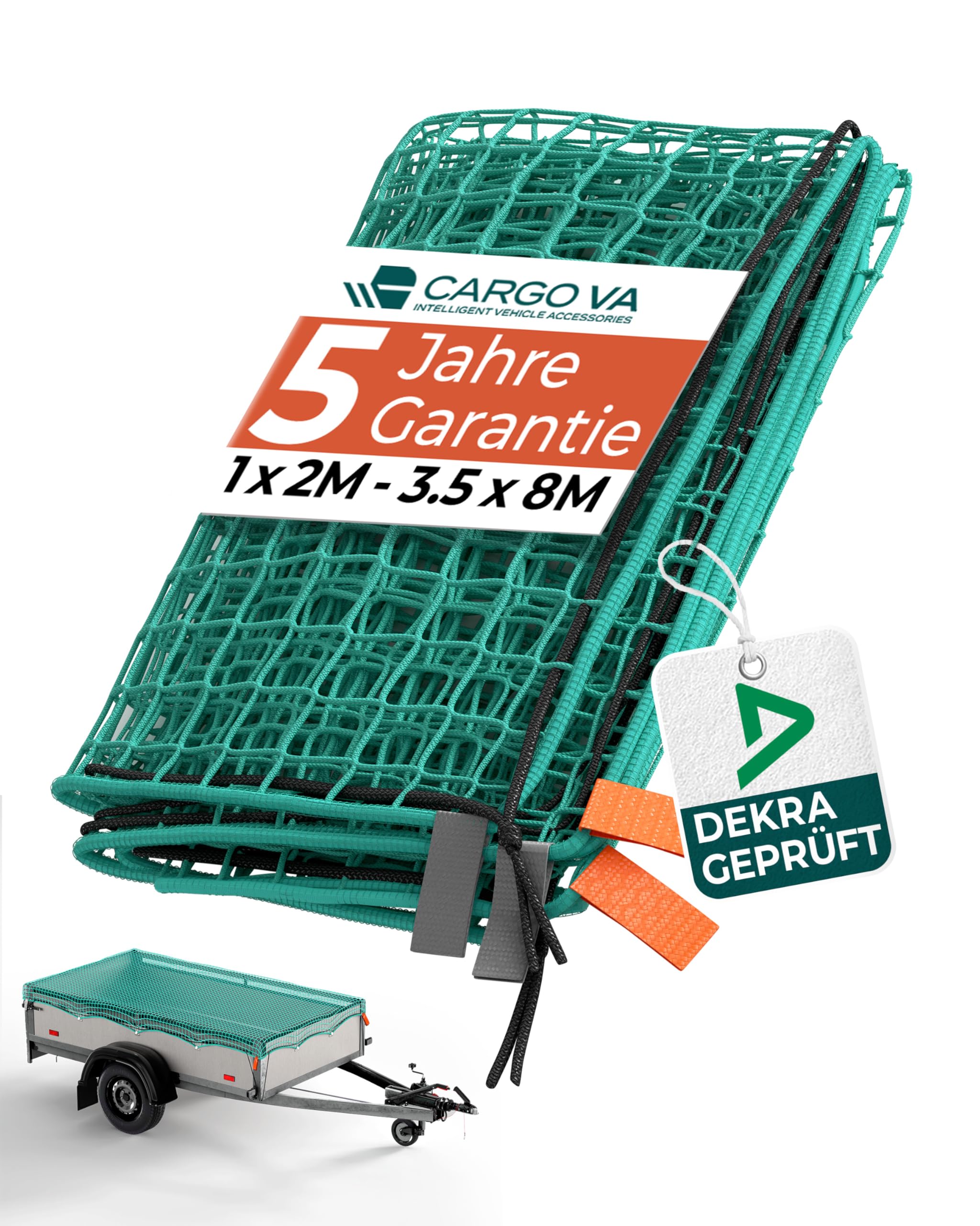 CargoVA® Intelligentes Anhängernetz 1,5x2,2M [DEKRA Geprüft] - Hängernetz mit Gummiseil und Eckenmarkierung - zur perfekten Ladungssicherung