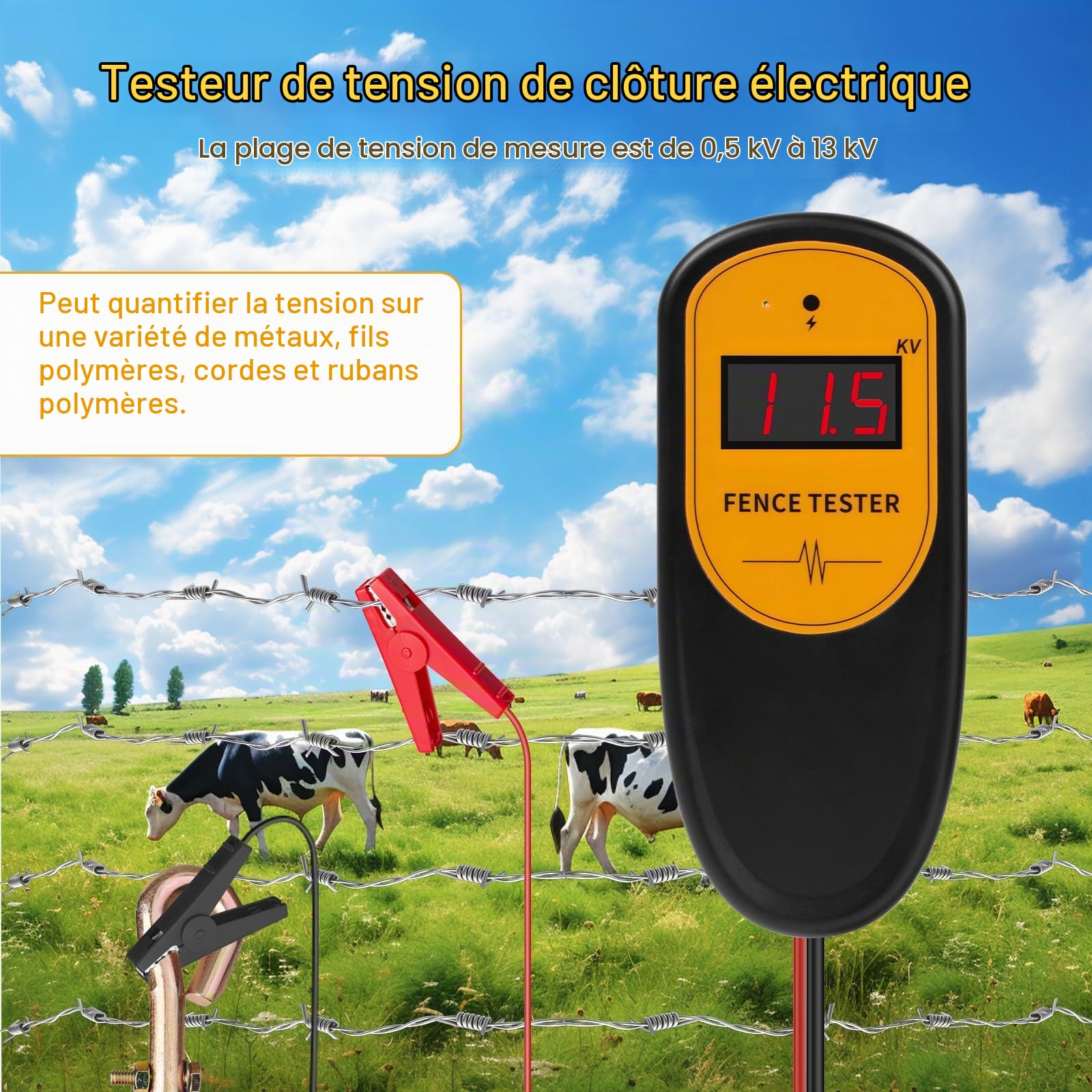 Testeur de tension clôture électrique digital, 13KV 500-13000V, détecteur de défauts, testeur de clôture électrique à pince de poche pour test de tension de clôture électrique de ferme