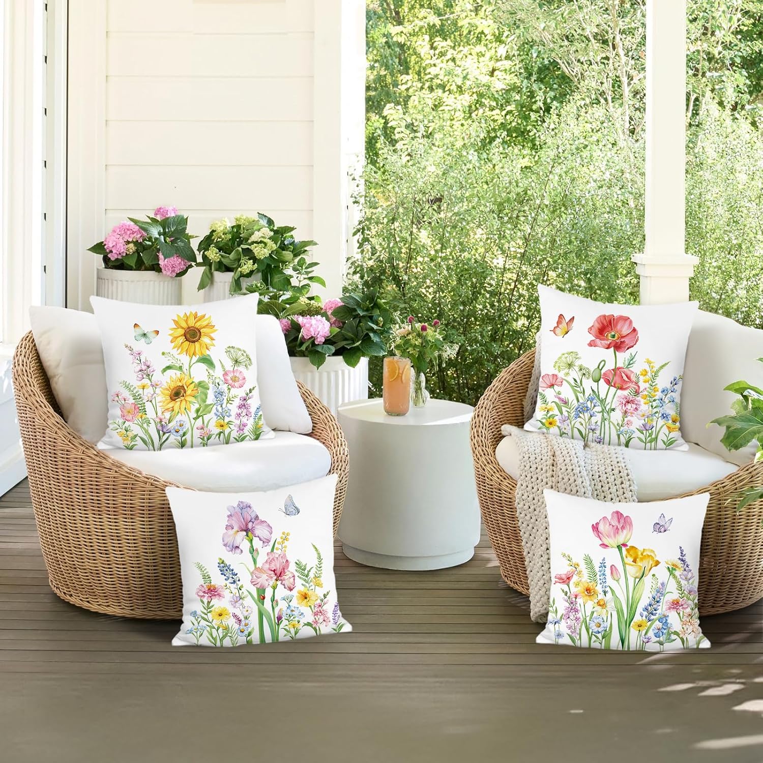 Bonhause Spring Floral Throw Pillow Covers 18 x 18 Inch Tulips Iris Sunflower Poppy Floral Decorative Pillows Soft Velvet Cushion Cases for Couch Sofa Garden Patio Decor Set of 4 - Image 3