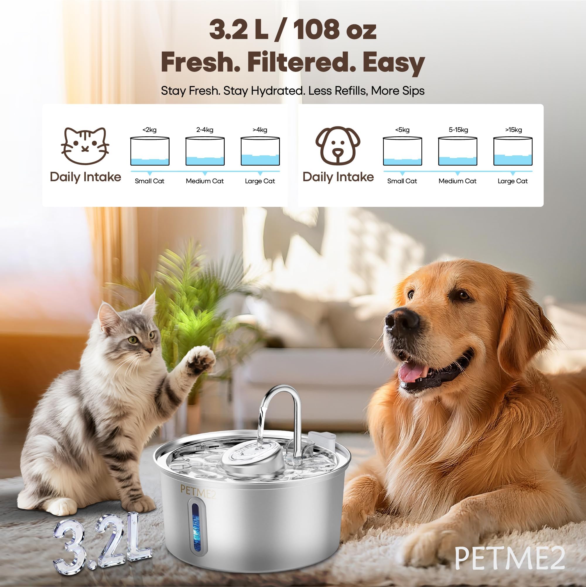 Luxury Smart Pet Fountain 2026 – 3.2L/108oz Stainless Steel Automatic Cat & Dog Water Fountain, Indoor Pet Water Dispenser with LED Light, Quiet Pump, Dual Flow Modes, 4-Layer Filter, Dishwasher Safe - image 5
