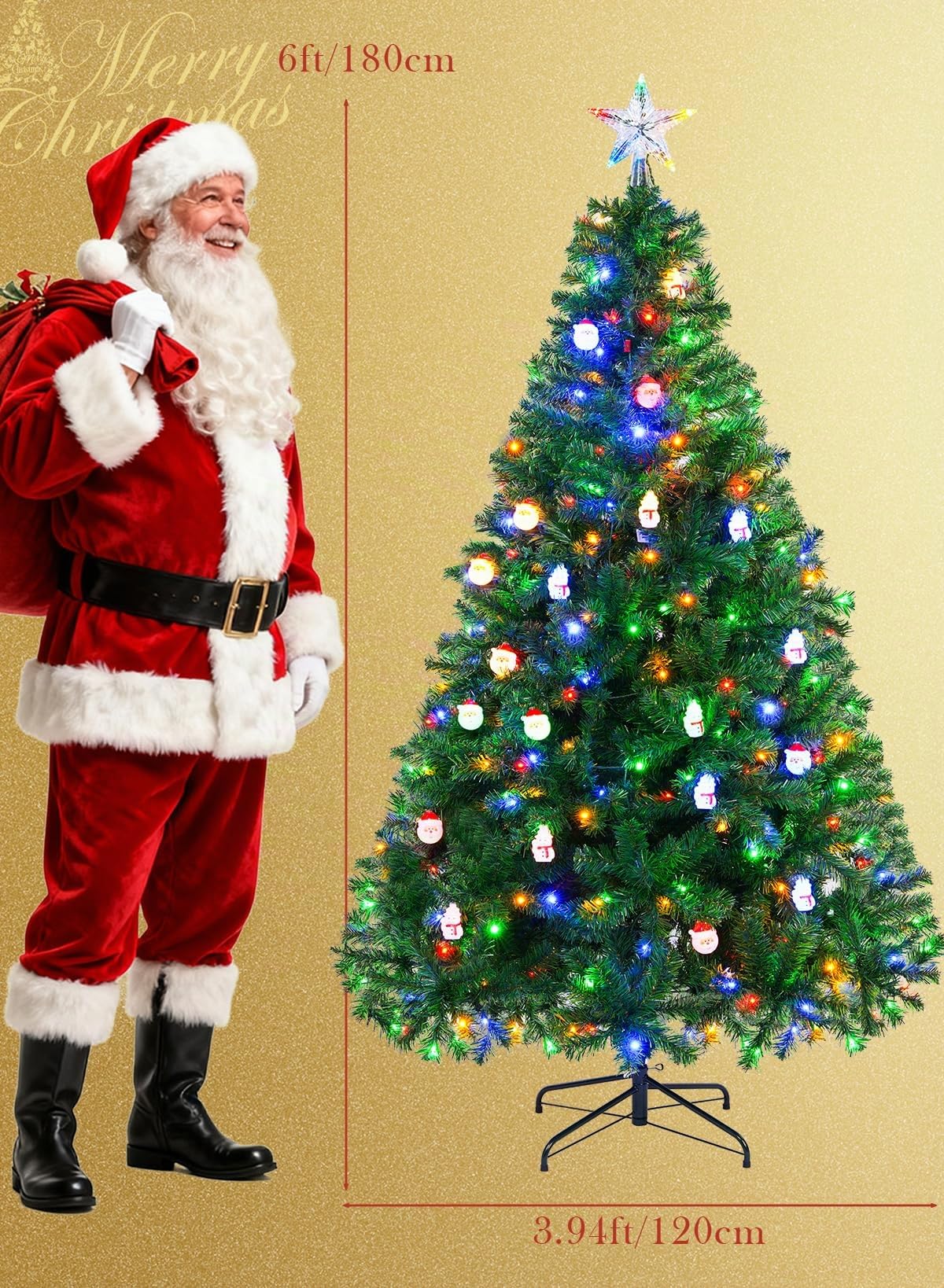180cm Weihnachtsbaum künstlich, Künstlicher Weihnachtsbaum mit Beleuchtung, 9 Lichtmodi und 2 Farbwechsel, Grüne PVC, Feuerbeständig, Tannenbaum mit Metallständer für Weihnachten Dekoration