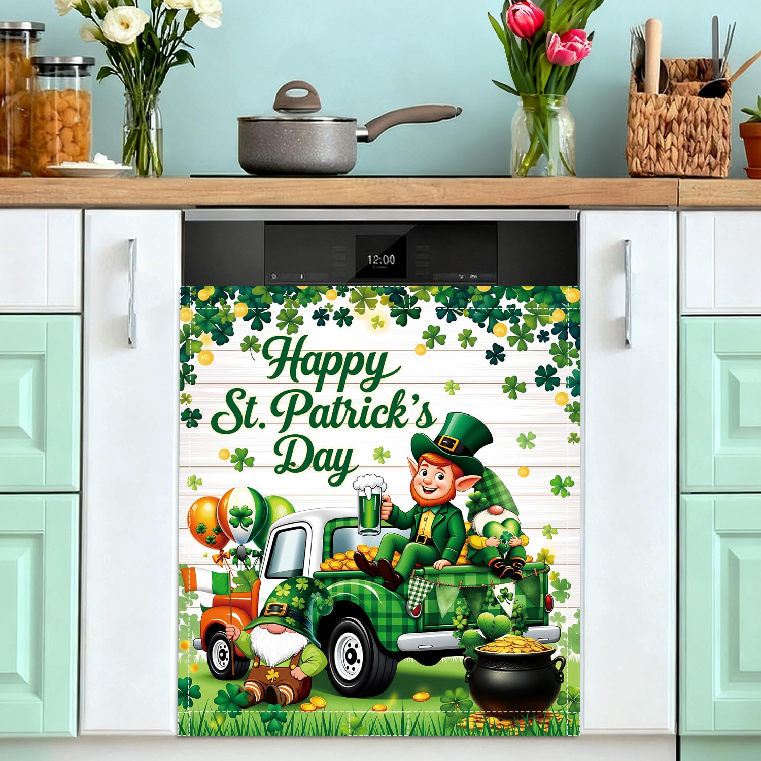 St Patricks Day Dishwasher Magnet Cover Lucky Shamrocks Clover Dishwasher Magnetic Covers for Kitchen 23x26 in St Patrick's Home Decor Refrigerator Magnets Sticker Green Fridge Panel