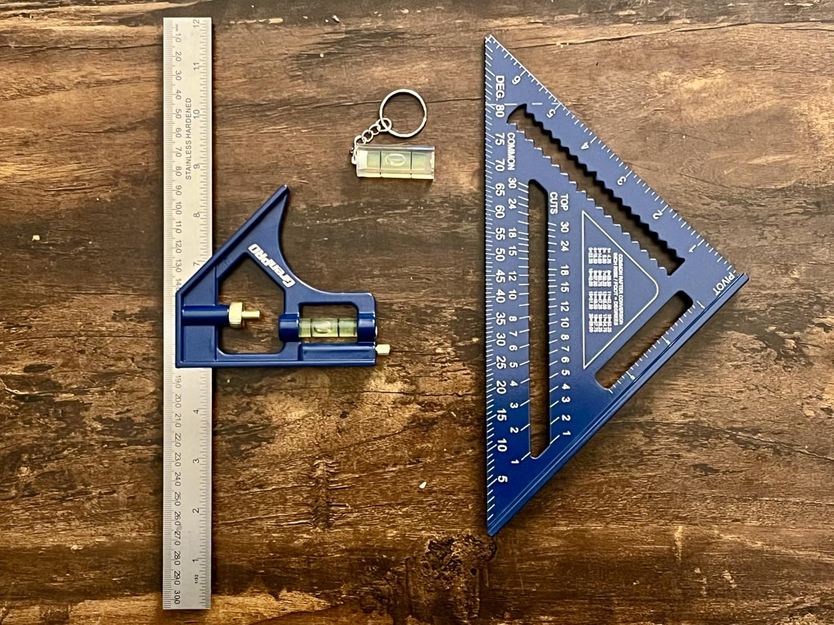 Combination square measuring a wooden board