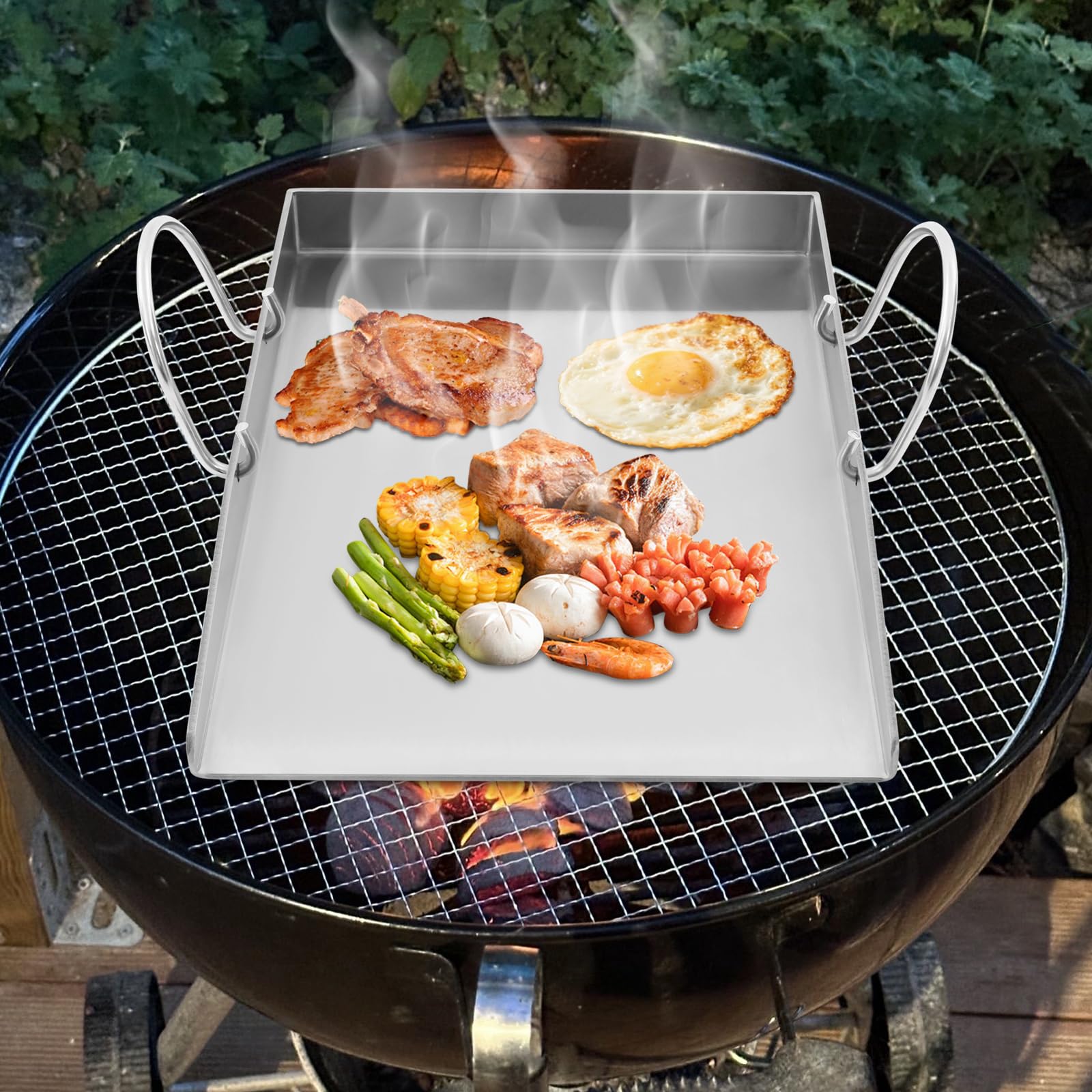 Piastra grill in acciaio inox con 2 spatole – 40 x 30 cm Plancha per induzione, barbecue a gas e carbone – Piastra teppanyaki antiruggine per bistecca, verdure e barbecue, con manici e accessori per