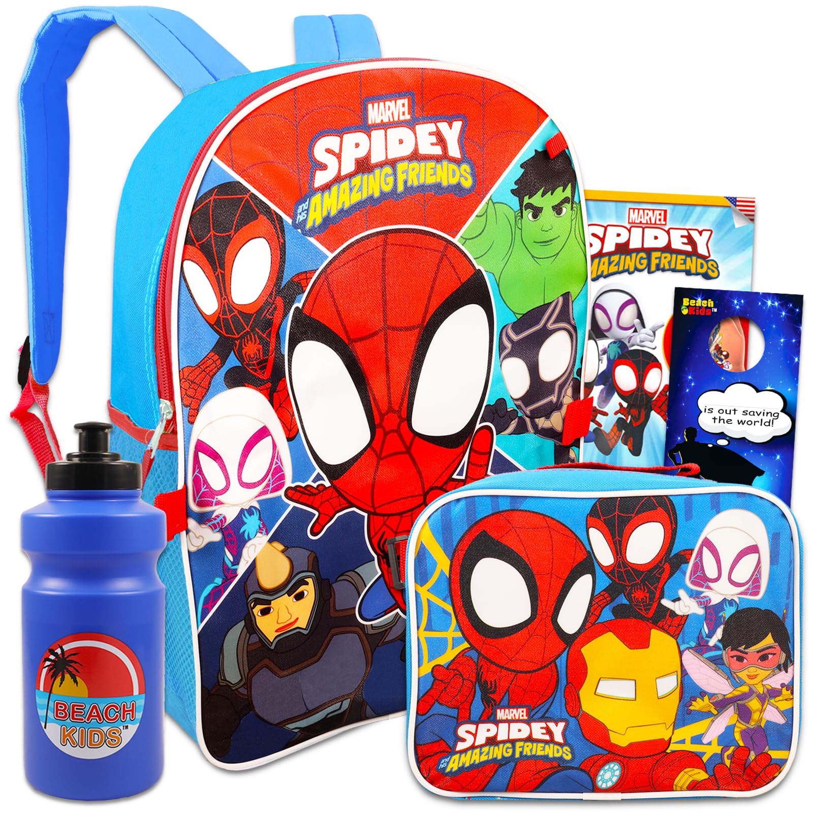 Spidey and His Amazing Friends Backpack and Lunch Box - 16” Spiderman Backpack, Spidey Lunch Box, Water Bottle, Tattoos, More | Avengers Backpack