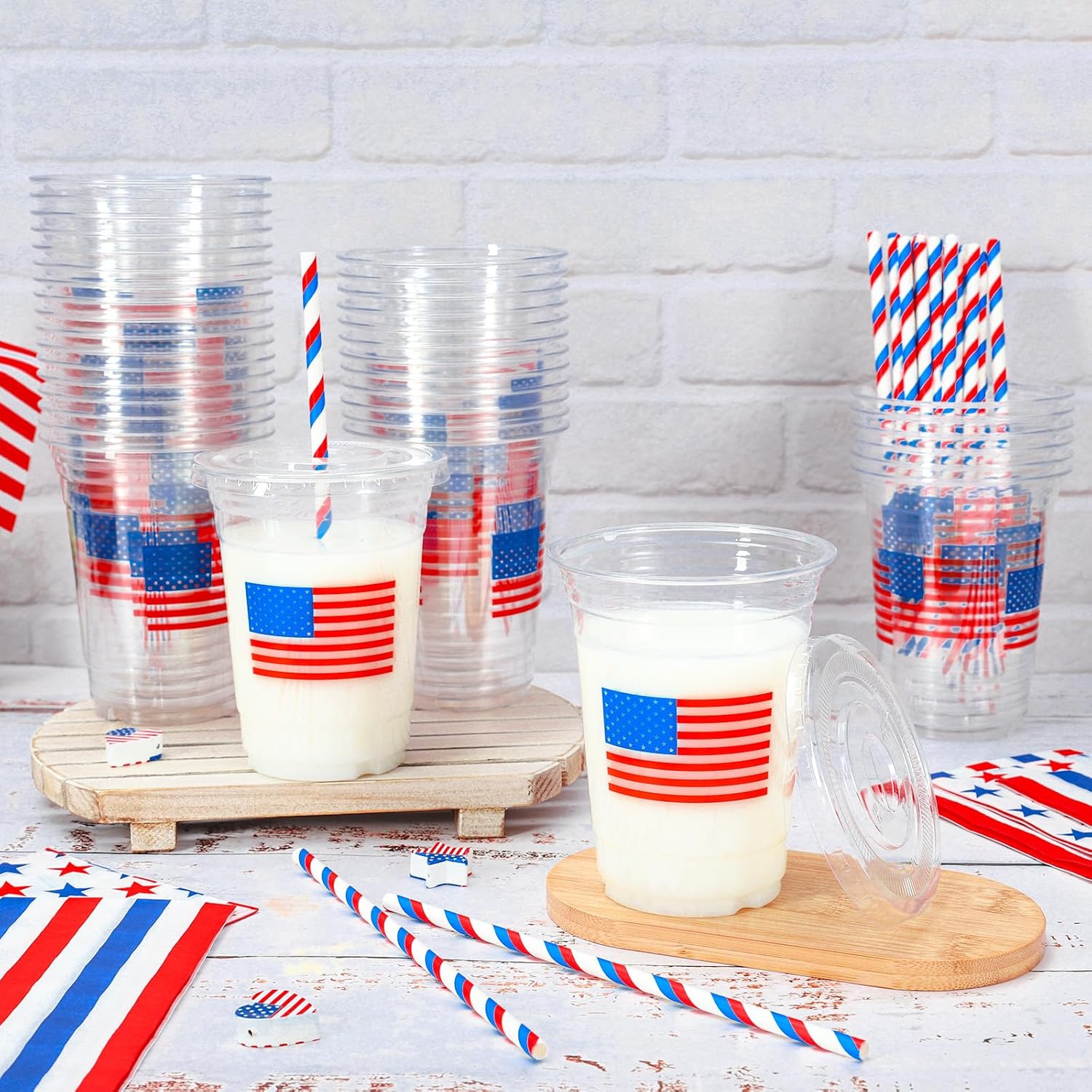 Whaline 50 Pcs Patriotic Flag Plastic Cups with Lids and Straws 16oz Clear Drinking Cups American Flag Disposable Cup for 4th of July Independence Day Party Supplies
