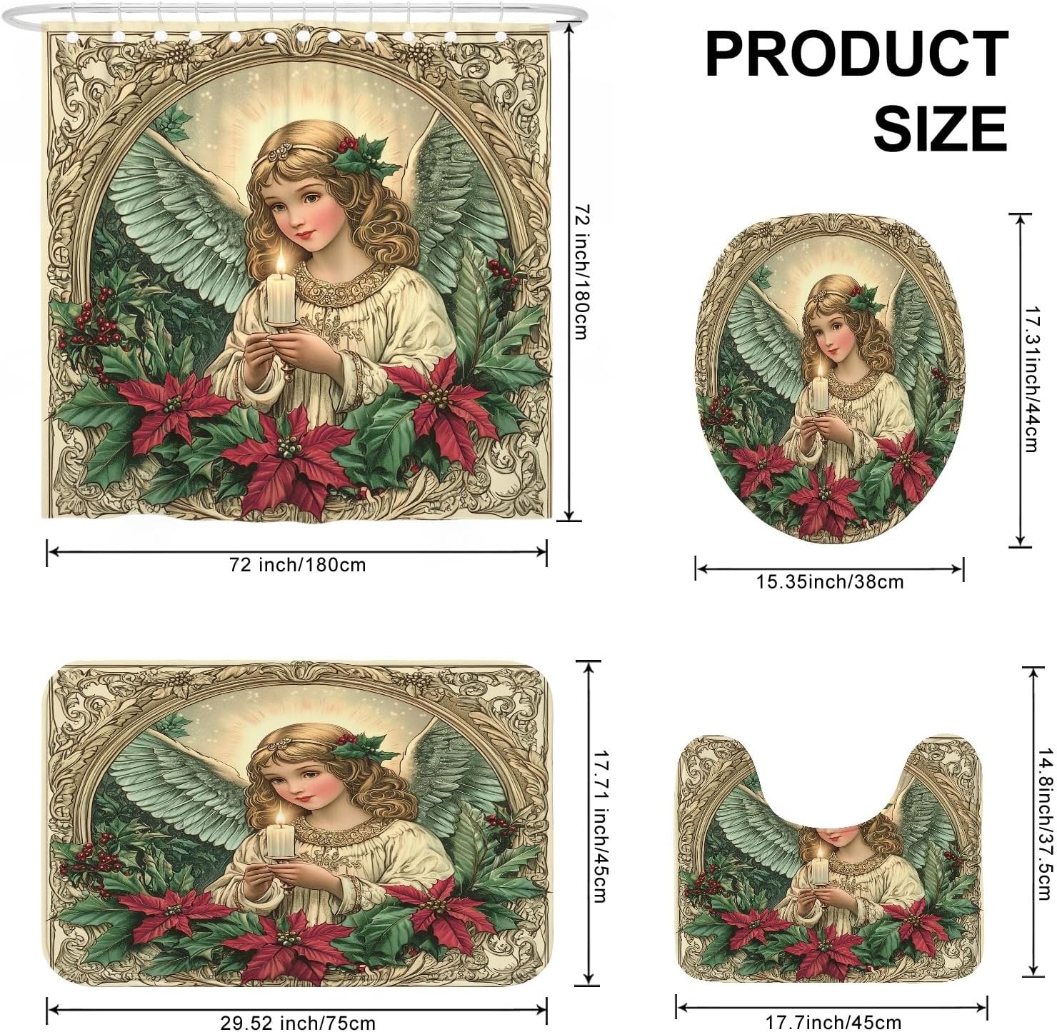 4PCS Vintage Christmas Angel Bathroom Sets with Non-Slip Rug, U Shape Toilet Lid Cover Mat, Retro Xmas Poinsettia Bathroom Decoration 72''x72''