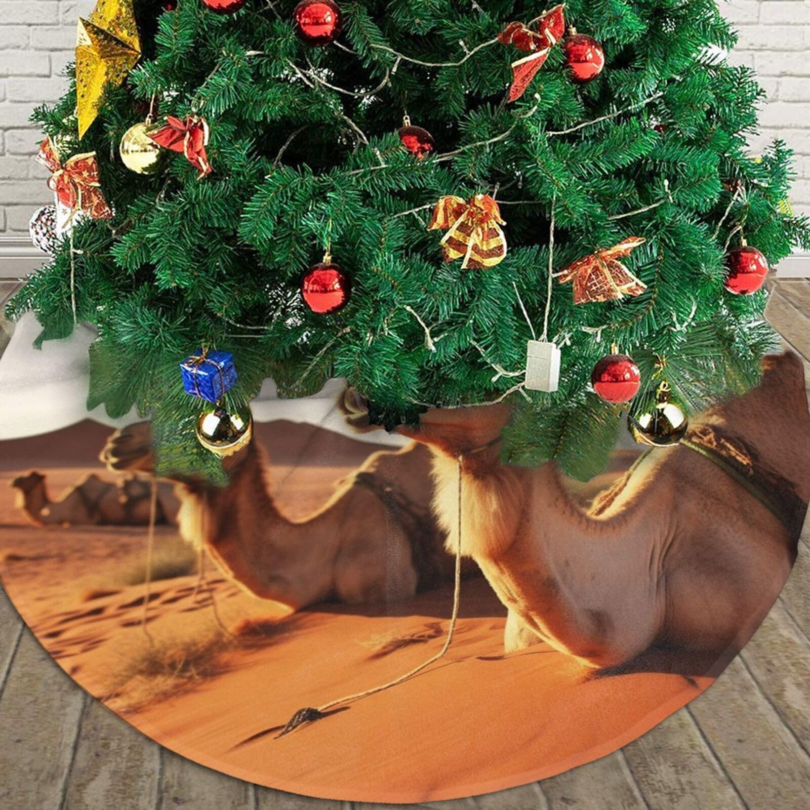 Camels Rest Desert Christmas Tree Skirt 48" Plush Soft Artificial Tree Mat Cover Merry Christmas Xmas Tree Skirt for Christmas Decoration Holiday Indoor Outdoor Winter Party Decor