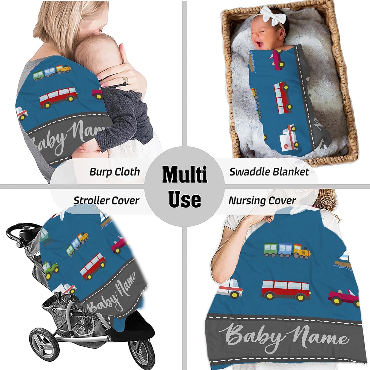 Personalized Transportation Baby Blanket, Custom Name Vehicles Soft Fleece Throw, Colorful Cars Planes Boats Nursery Decor, Baby Boy Shower Gift