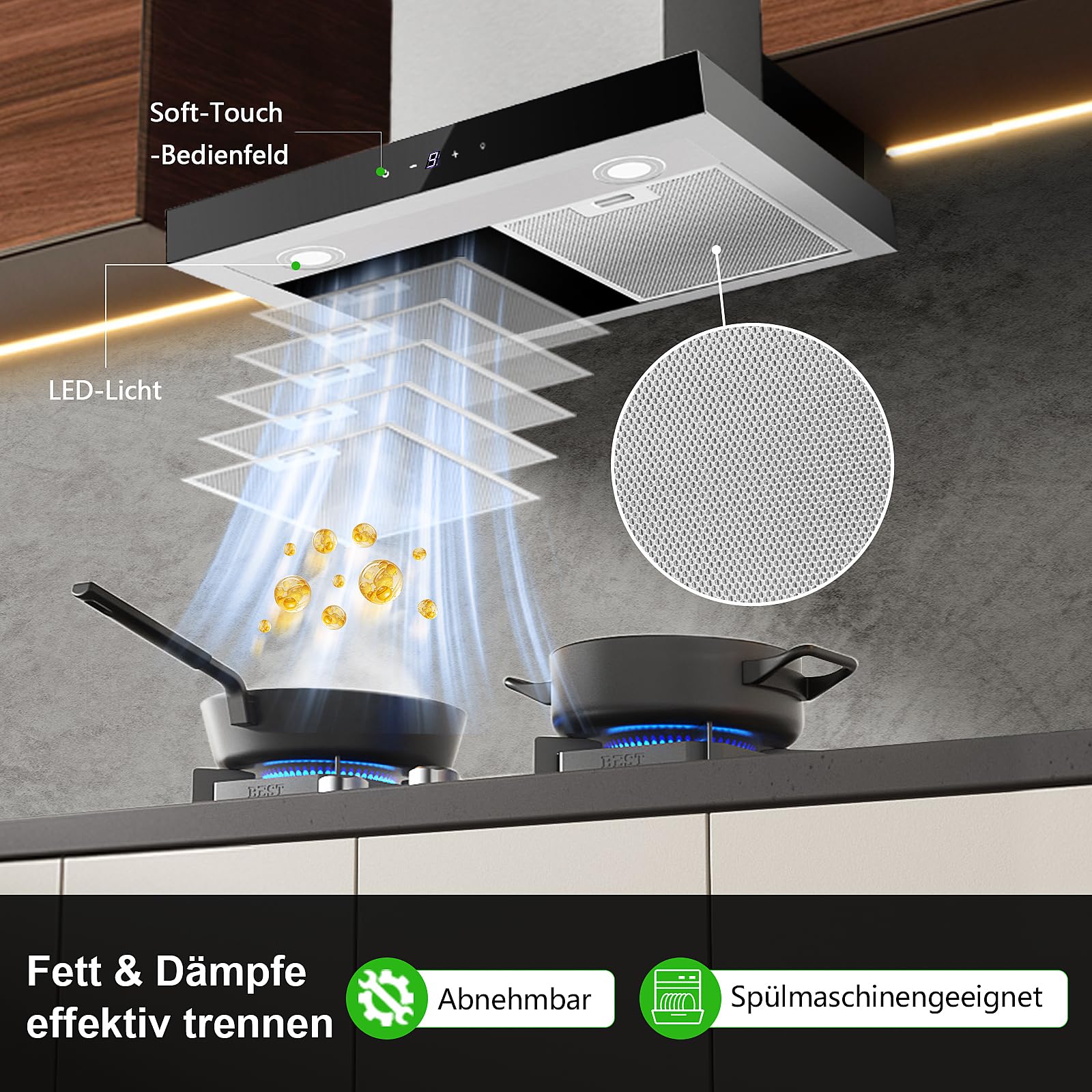 TopStrong Dunstabzugshaube 60cm, abzugshaube Umluft/Abluft, Dunstabzug mit 700 m³/h Luftstrom,Dunstabzug 60cm Edelstahl, 9 Stufen Soft Touch Steuerund, 2W LED-Licht