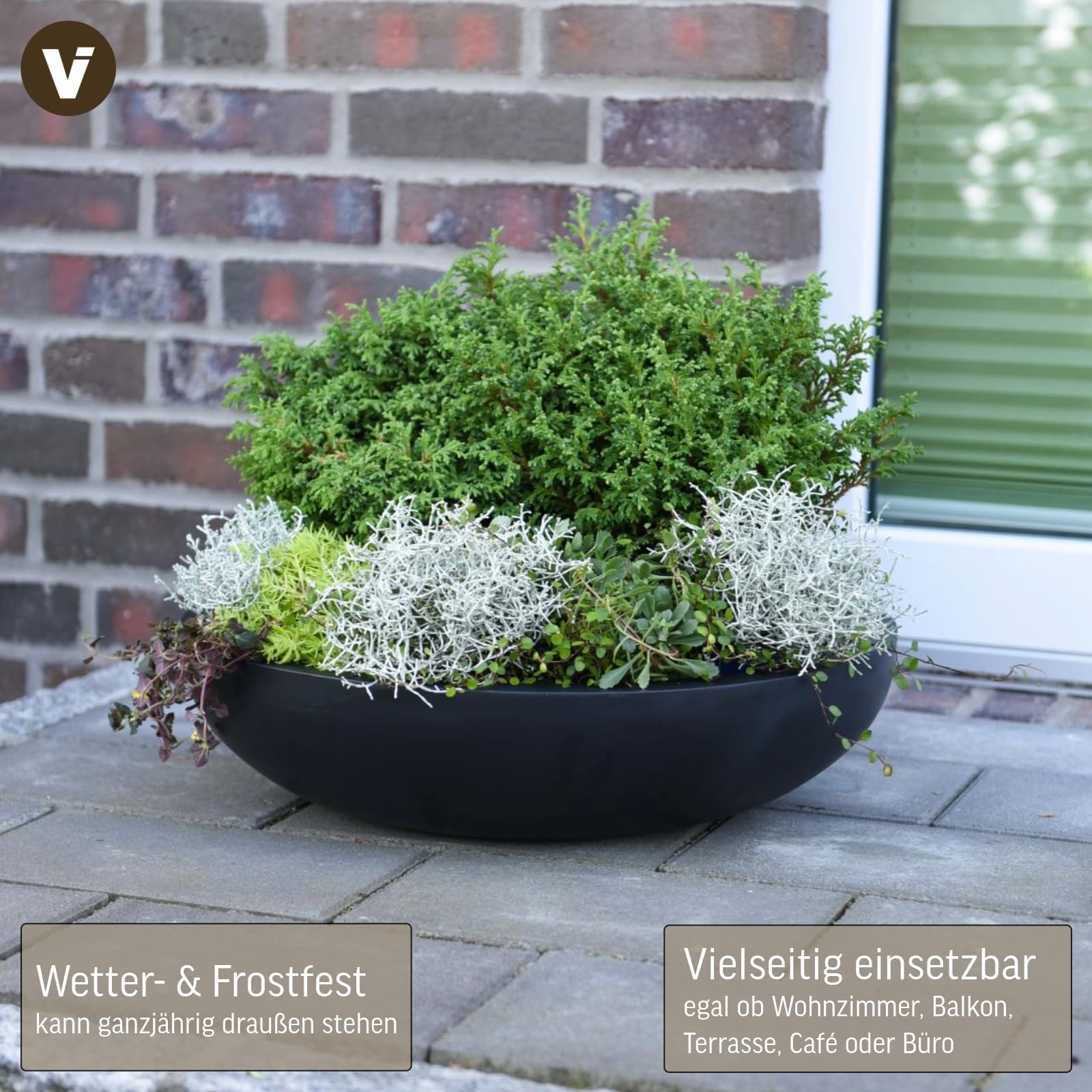 VIVANNO Pflanzschale Blumenschale Dekoschale Fiberglas anthrazit robust langlebig 14 x 54 cm
