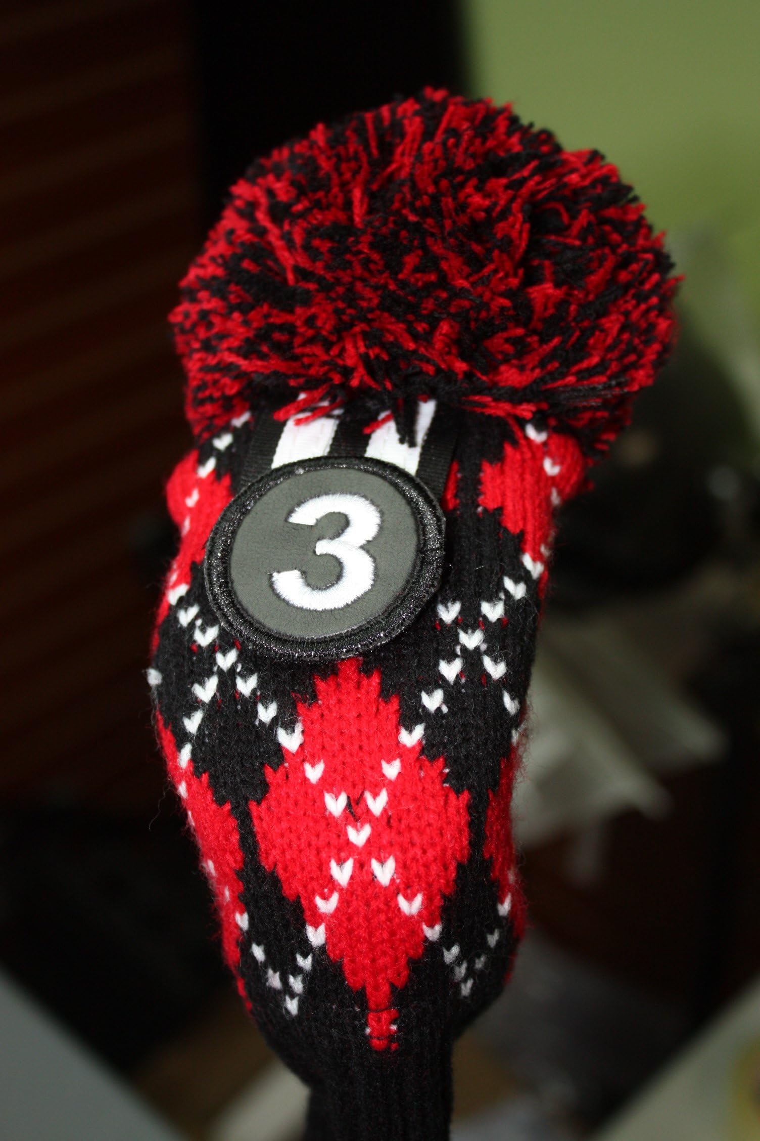 #3 Fairway Metal Wood Argyle Red & Black Golf Headcover Knit Pom Pom Retro Classic Vintage Head Cover