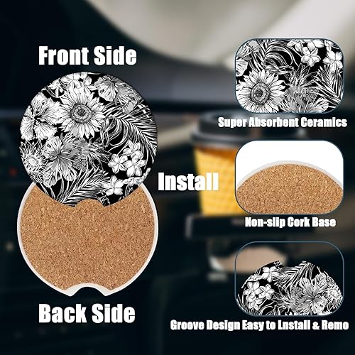 Miniatura 3 de Posavasos para automóvil, posavasos de cerámica absorbente de girasol negro, paquete de 2, posavasos para portavasos de automóvil, accesorios para