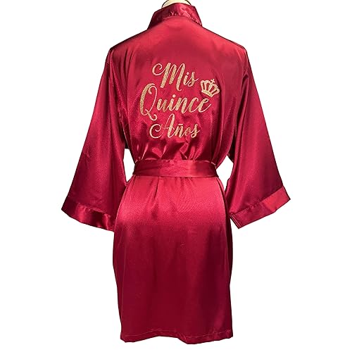 Personalized Satin Robe For Bridesmaids or Quinceañera Sweet Sixteen Birthday Parties, Custom Glitter Short Robe with Crown, Tiara, Diamond Ring,