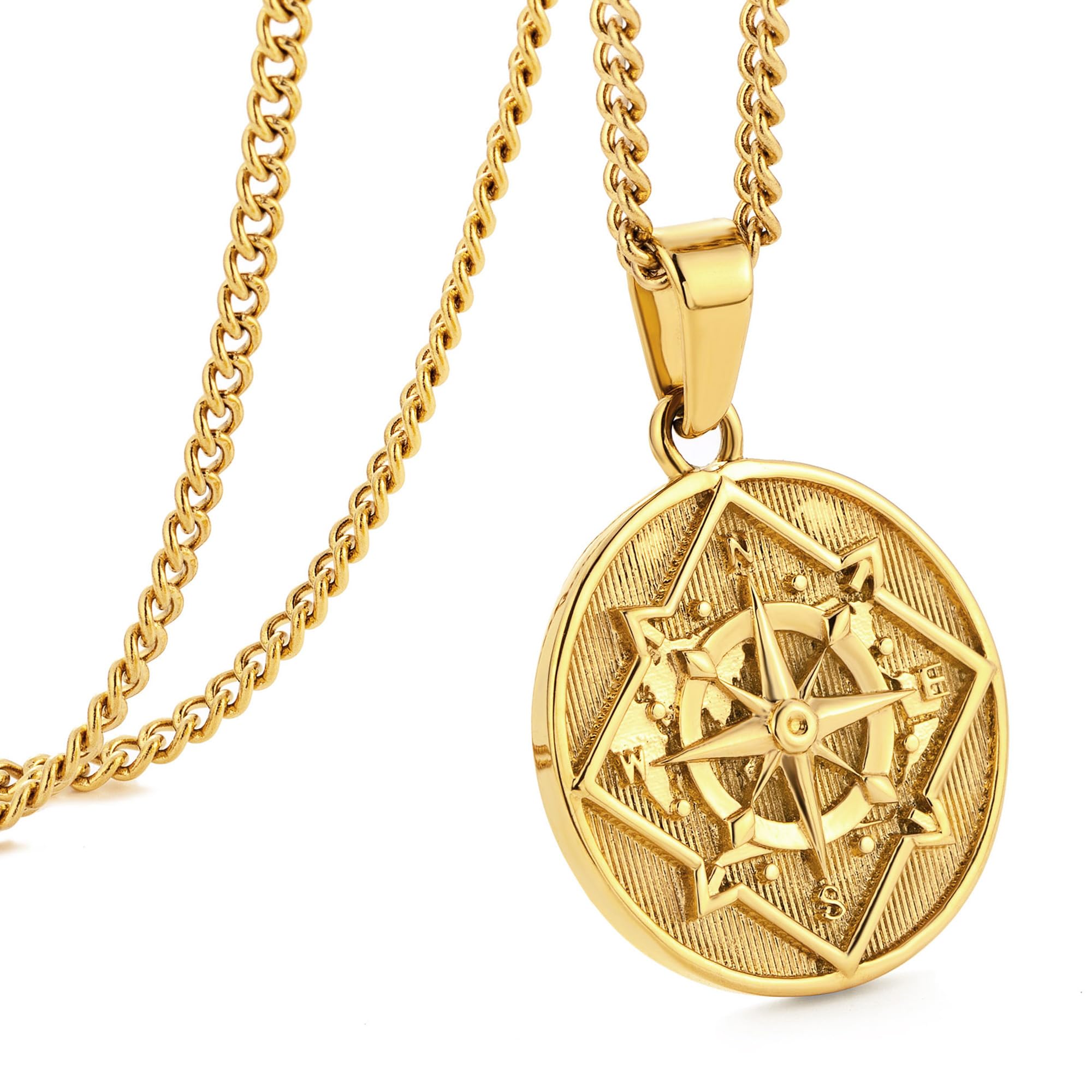murtoo Compass Pendant Necklace for Men, Gold Silver Stainless Steel Mens Compass Necklaces, Stylish Jewelry Gift for Men Him Her
