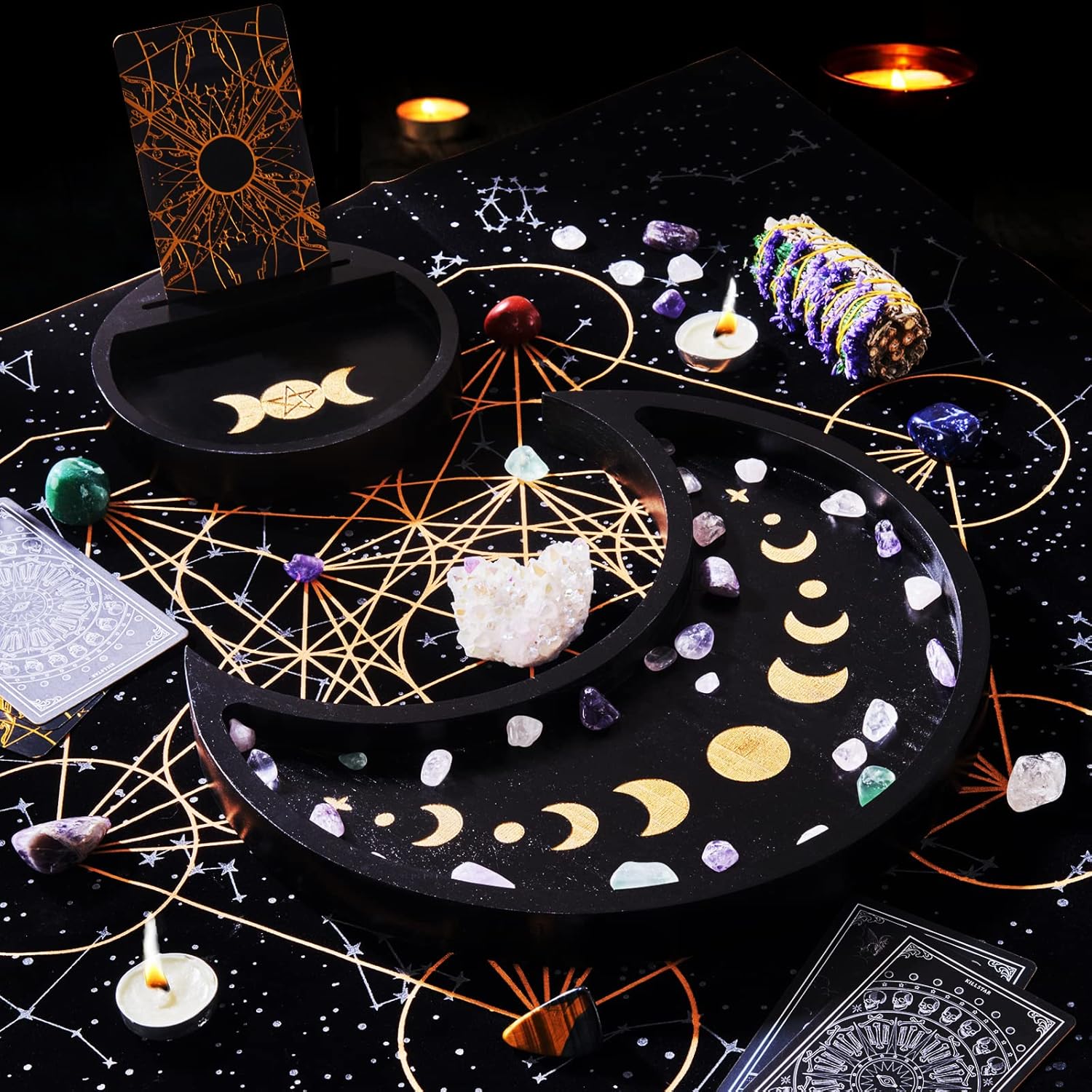 Yougoals Moon Tray Set Crystal Holder for Stones Display, Black Wooden Tray with Round Jewelry Dish, Crystals and Healing Stones Essential Oil Decorative Tray, Gift for Crystal Lovers