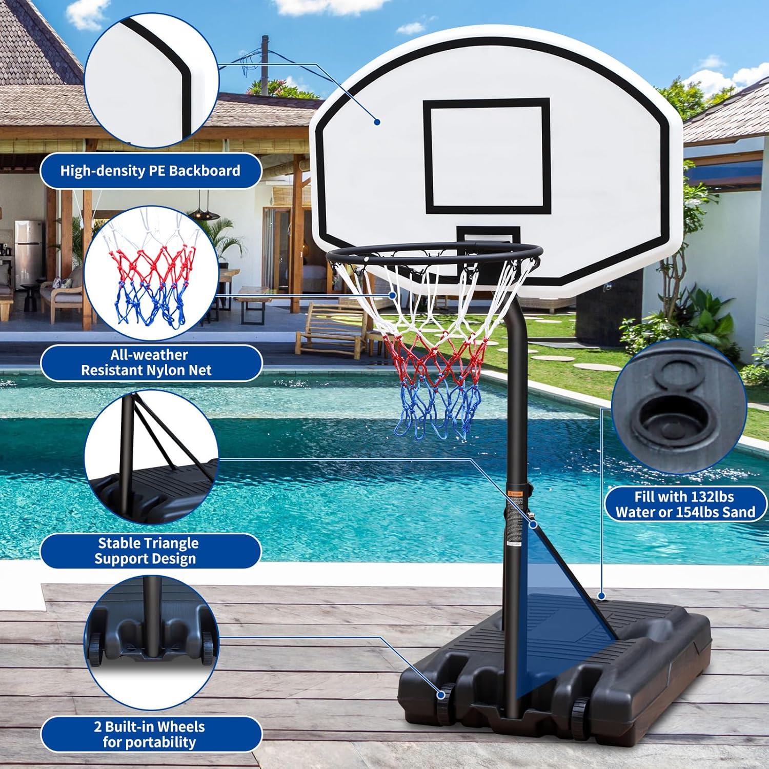 37''-56'' Adjustable Height Swimming Pool Basketball Hoop 36 Inch Backboard Portable Poolside Basketball System for Adults & Kids, White