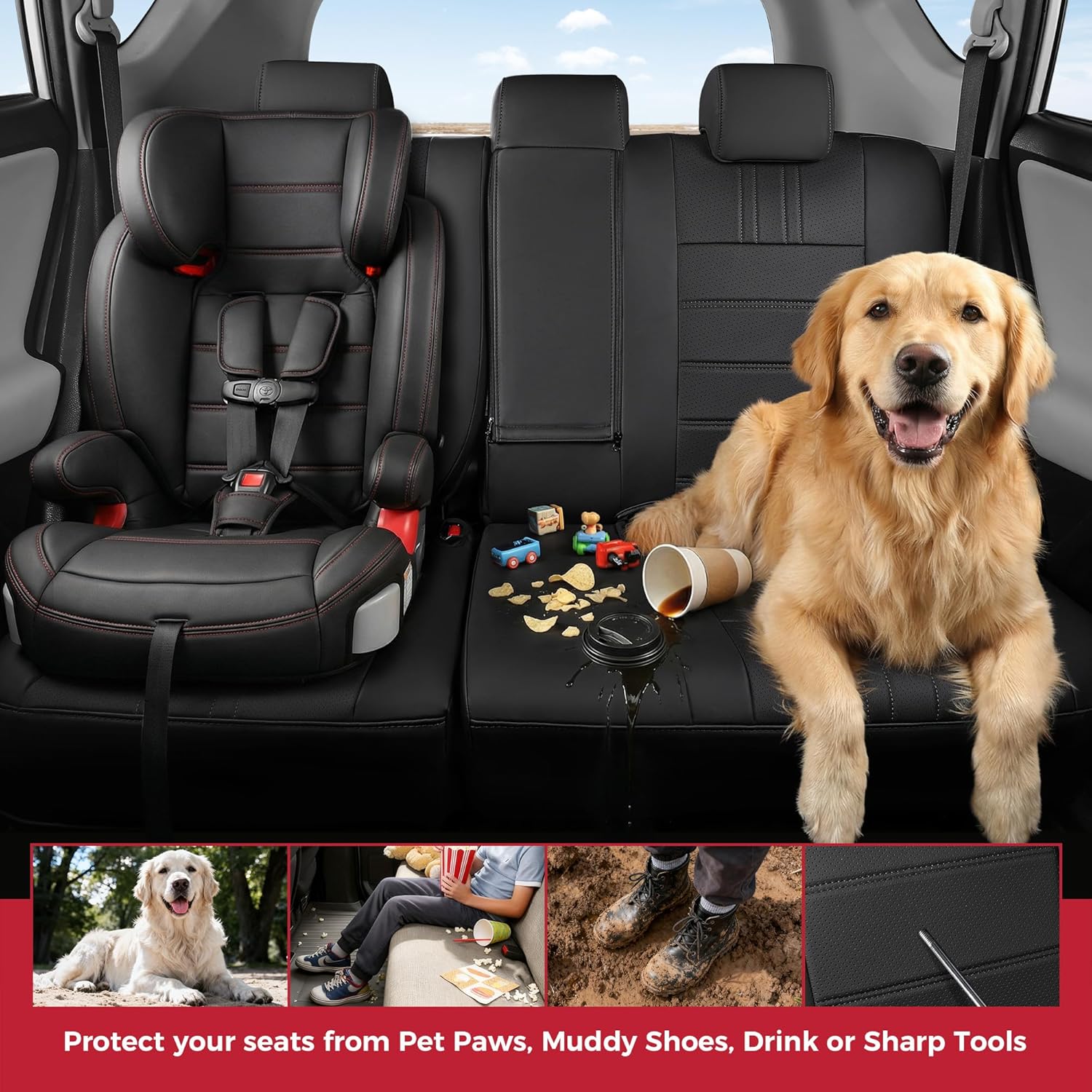 FREESOO Custom Fit RAV4 Seat Covers for Toyota RAV 4 2018-2013 Gasoline LE, Faux Leather, 4‑Layer Waterproof, F/R Headrest, Airbag Deployment Compatible, Durable, Luxury, Breathable, Black Full Set